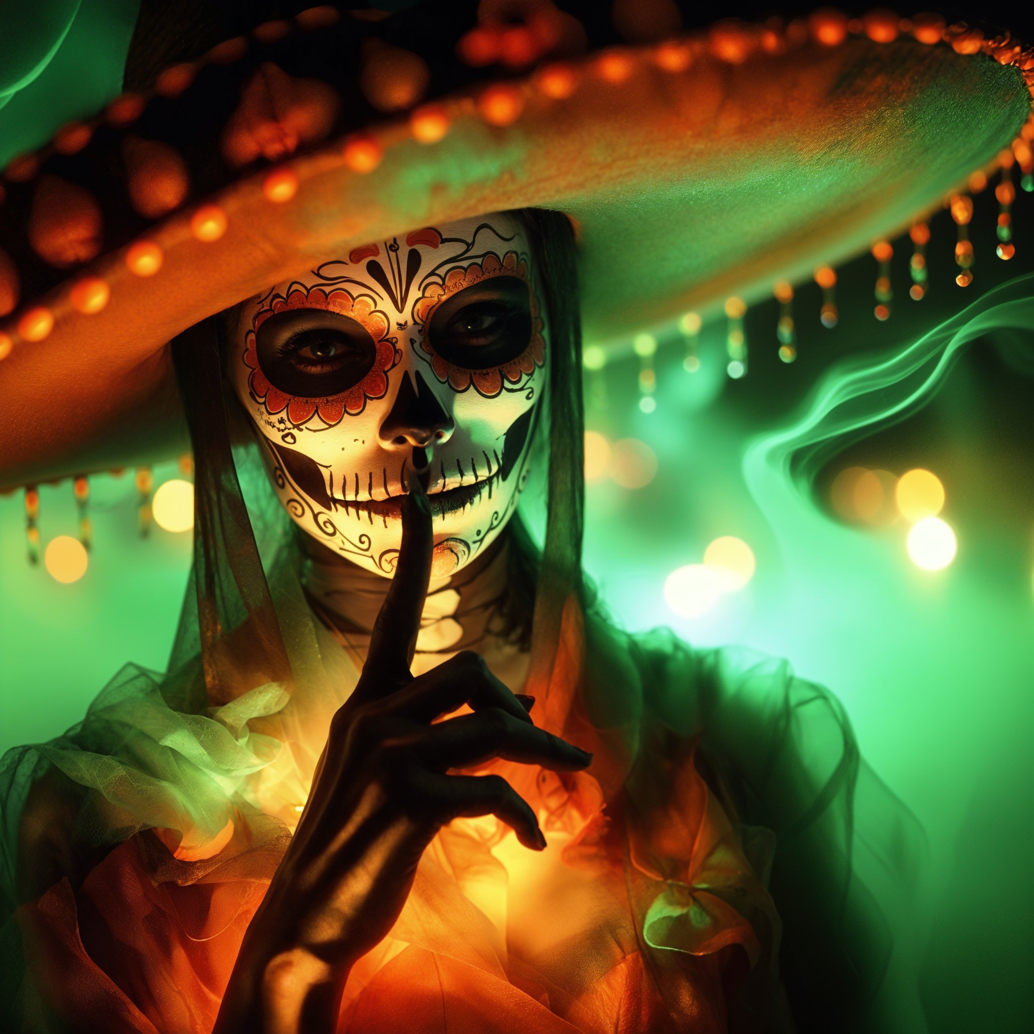 Mysterious Figure in Sugar Skull Makeup with Sombrero
