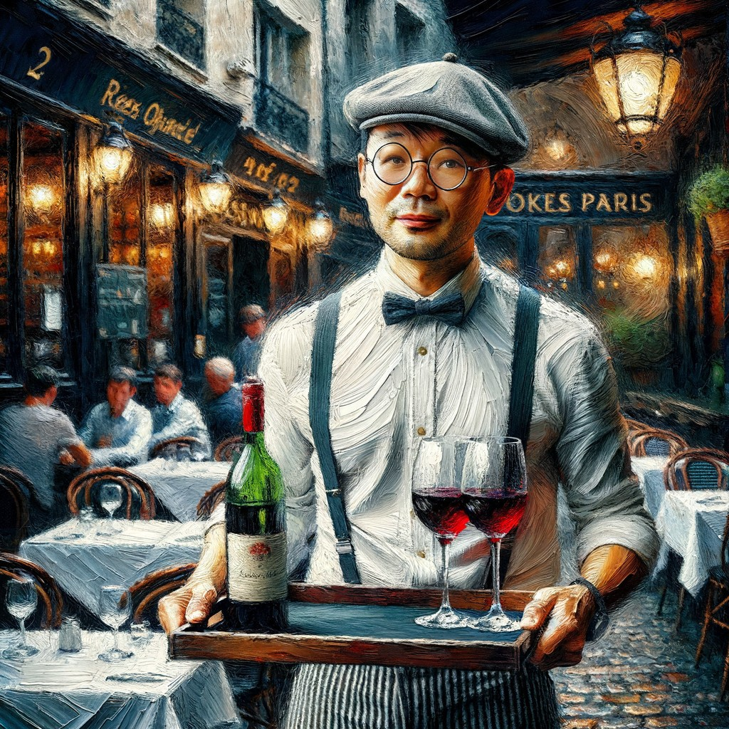 Parisian Bistro Scene with Waiter and Wine Service