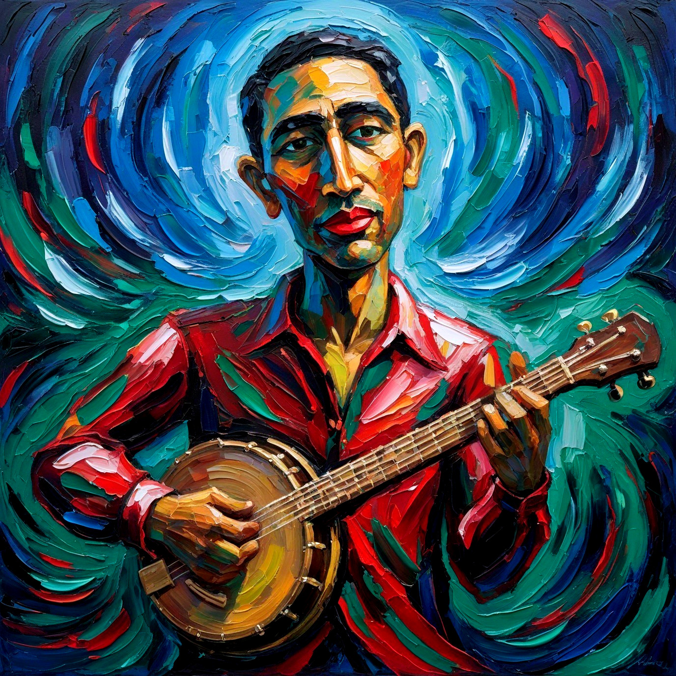 Expressionistic Painting of a Man Playing Banjo