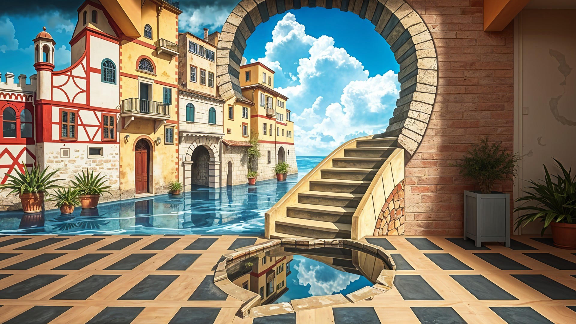 Surreal Architectural Scene with Vibrant Waterfront Village