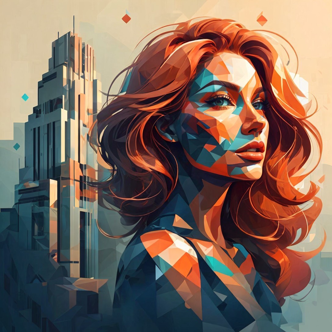 Abstract Portrait of Woman with Red Hair and Geometry