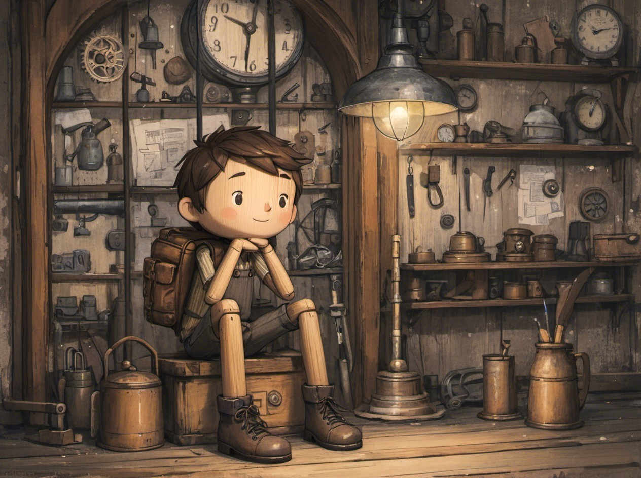 Whimsical Illustration of a Boy in a Workshop