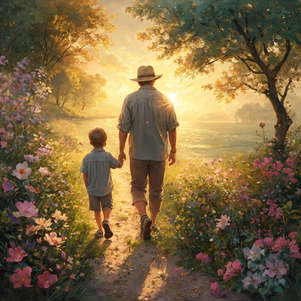 Father and son walking in a vibrant sunset setting