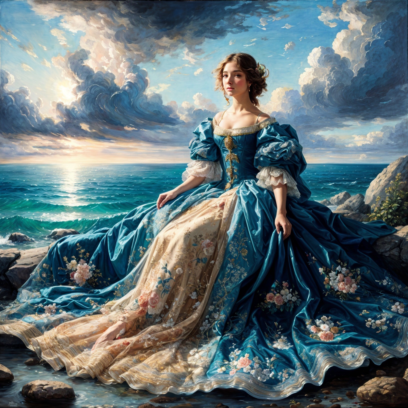 Young Woman in Blue Gown on Rocky Shores