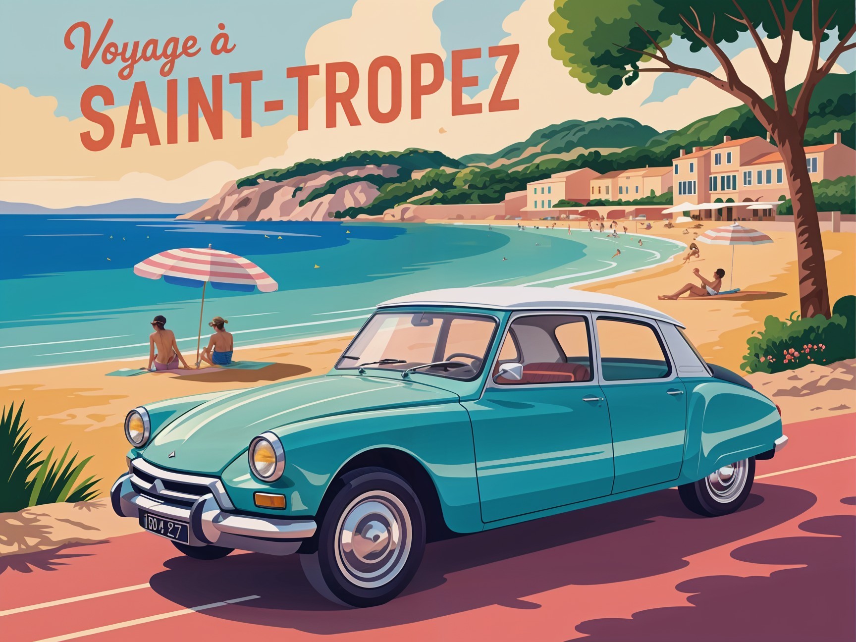 Vintage Turquoise Car by Scenic Beach in Saint-Tropez