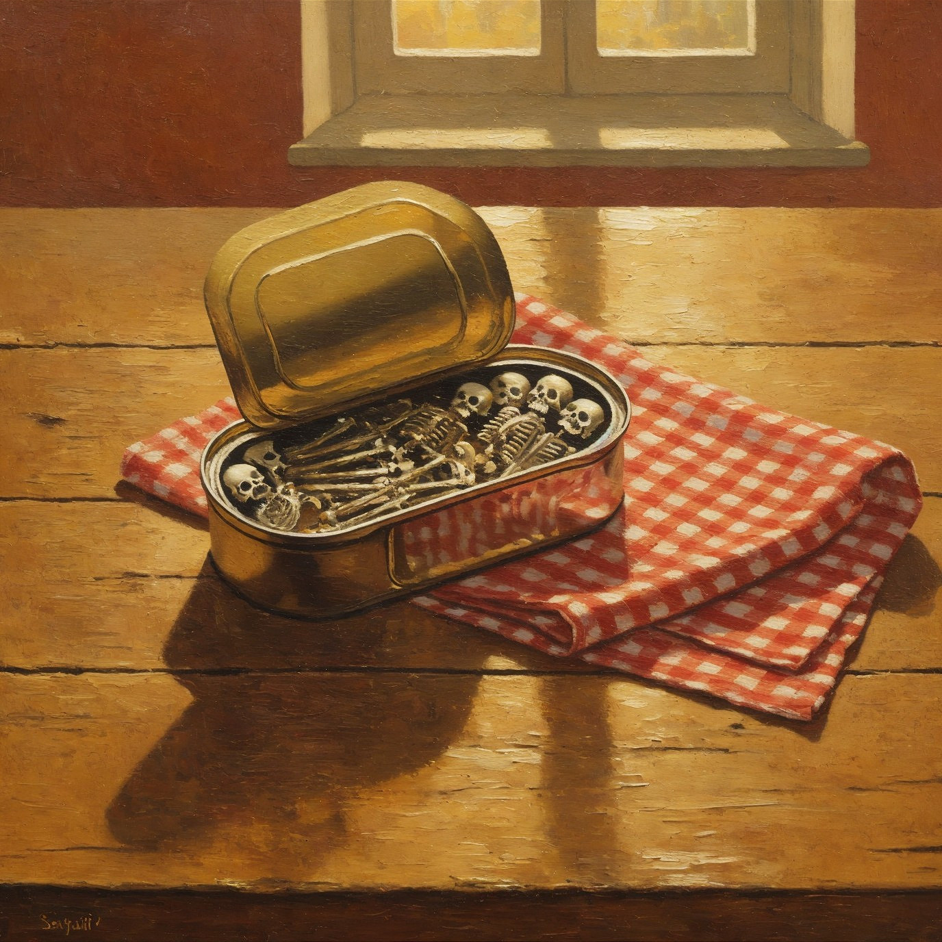 Open tin can with skeletons on checkered cloth