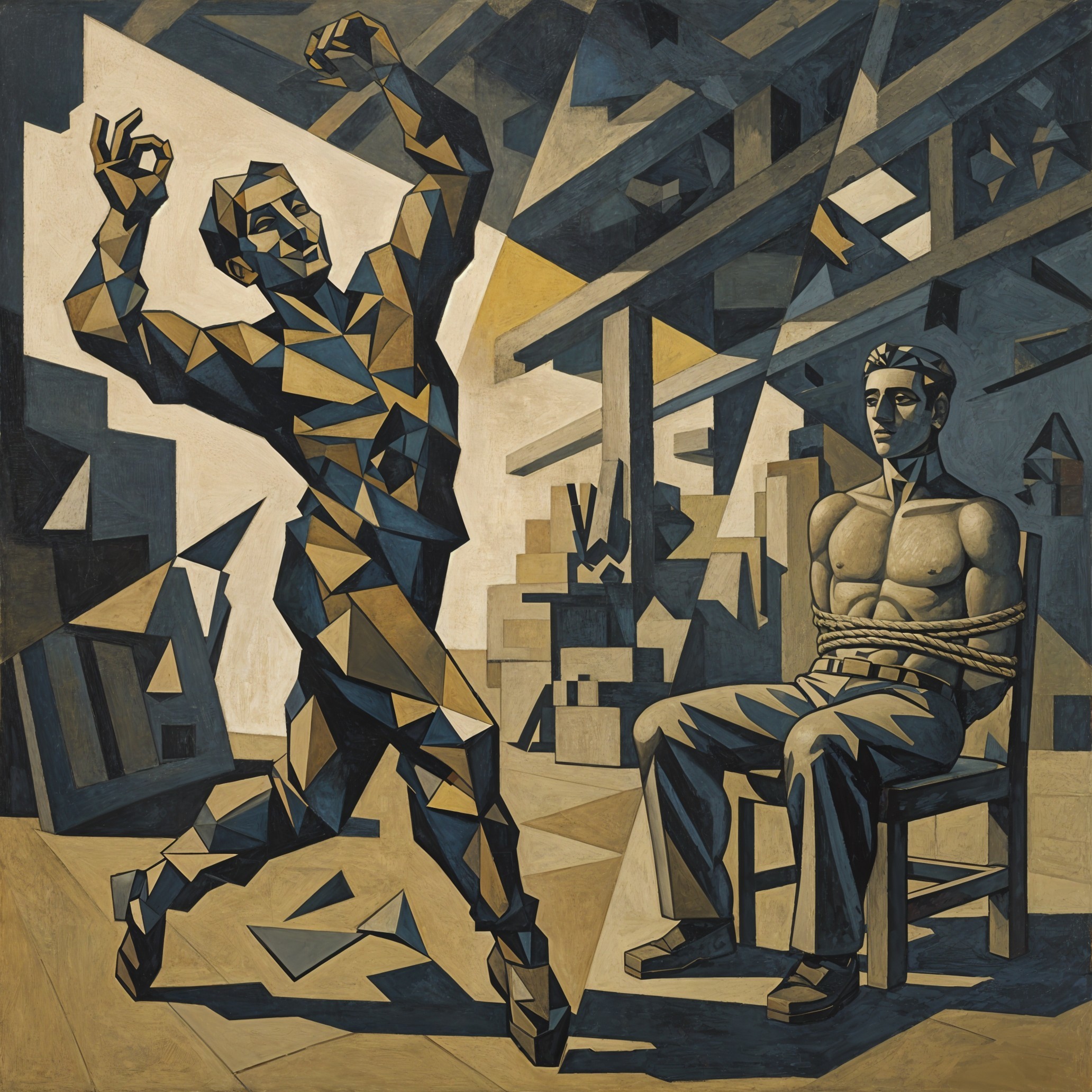 Cubist Painting of Two Men in Dynamic Scene
