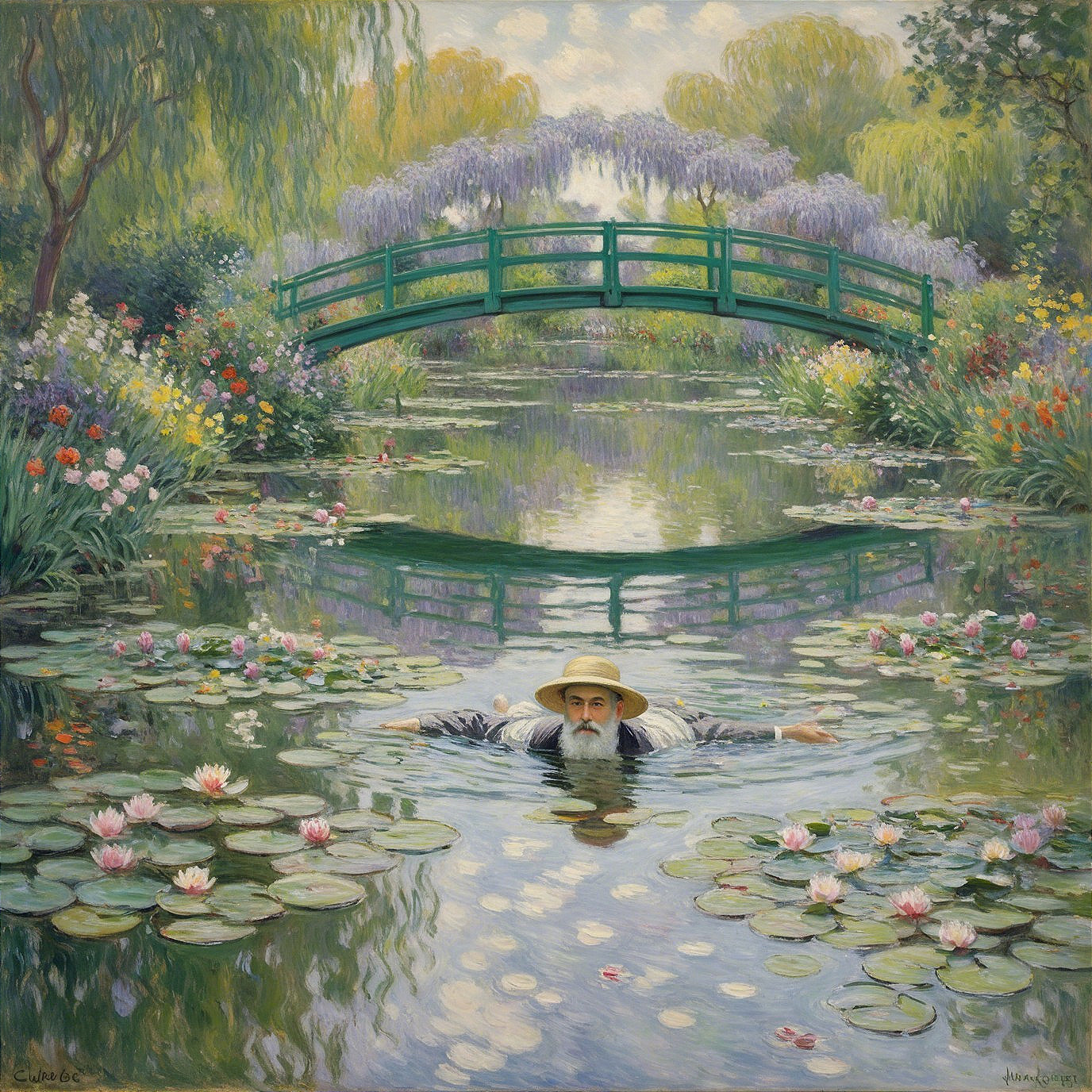 Tranquil garden scene with pond and vibrant flowers