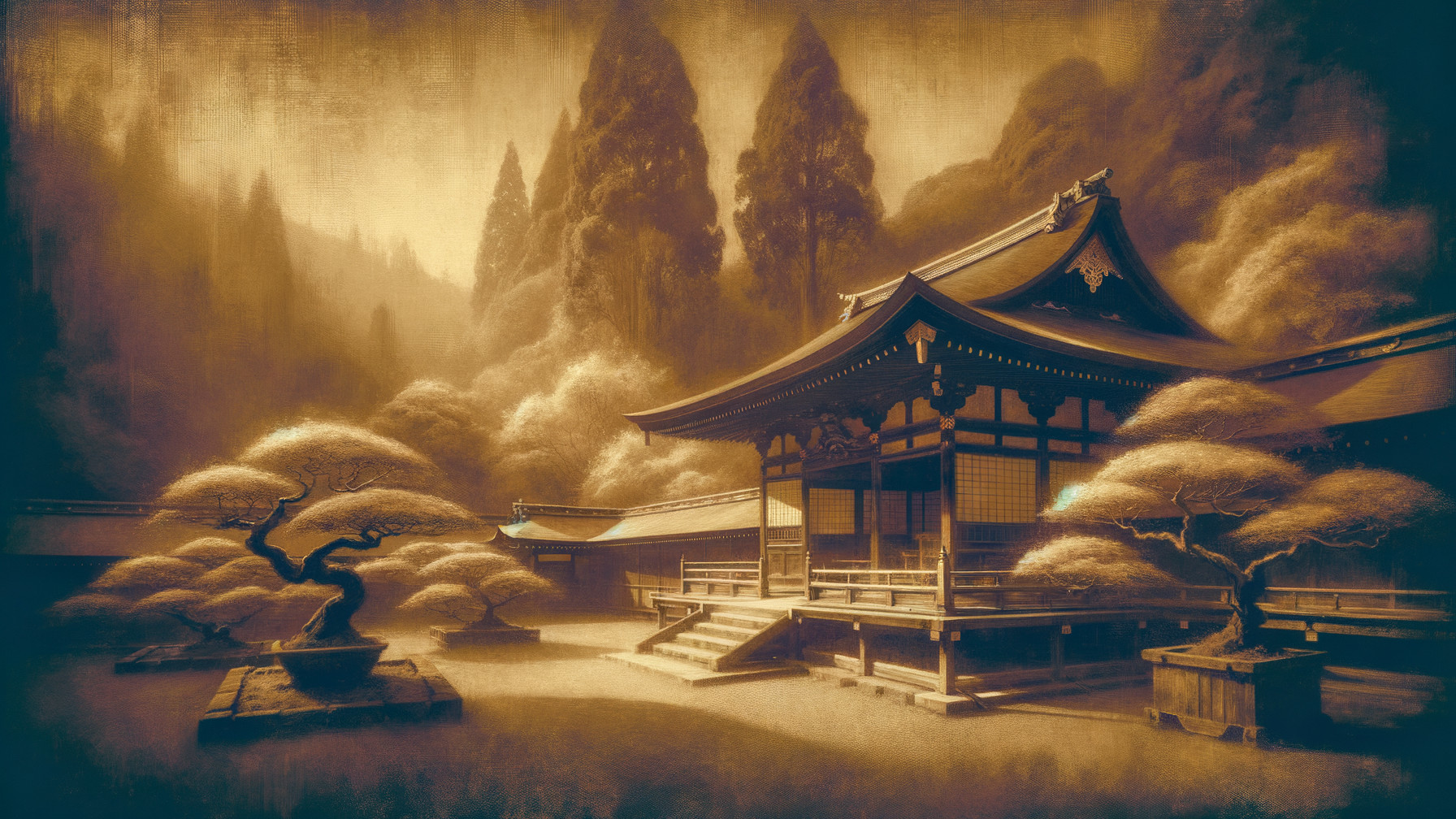 Traditional Asian Temple in Misty Mountain Landscape