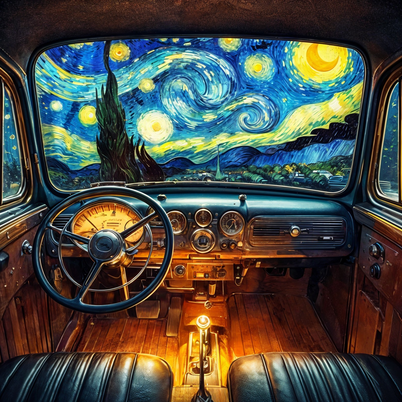 Classic Car Interior with Vintage Dashboard and Night Sky