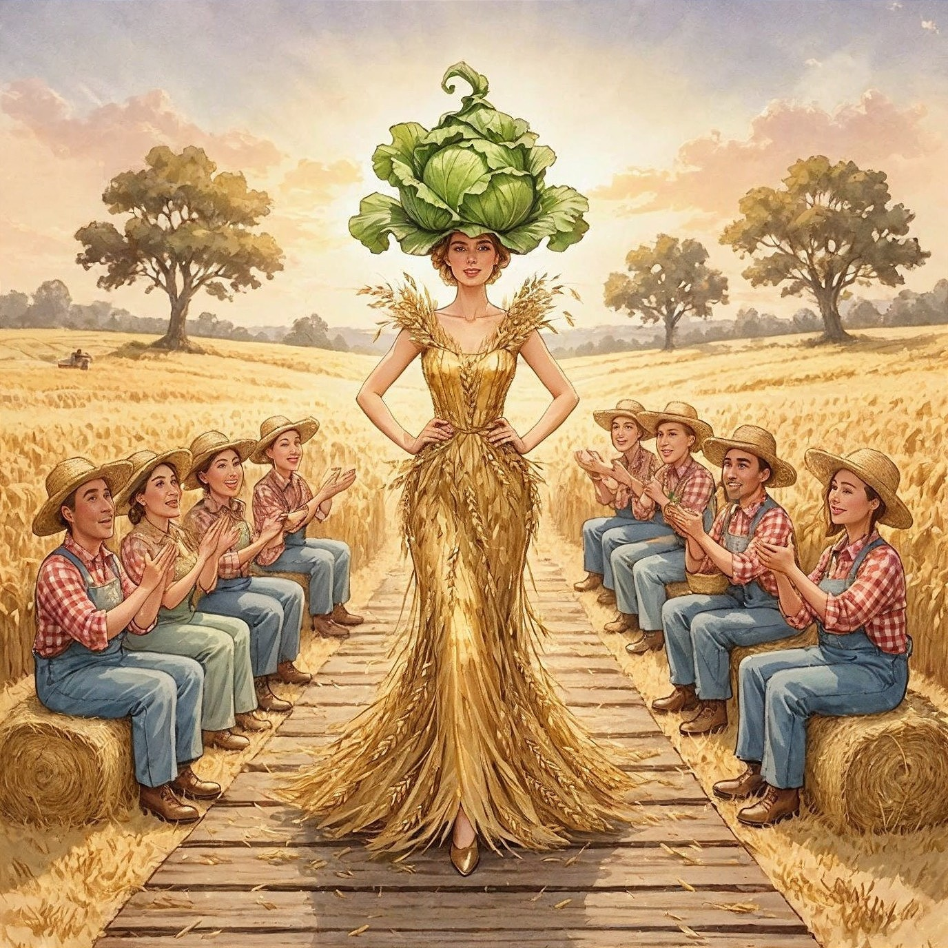 Woman in Straw Gown Surrounded by Clapping Children