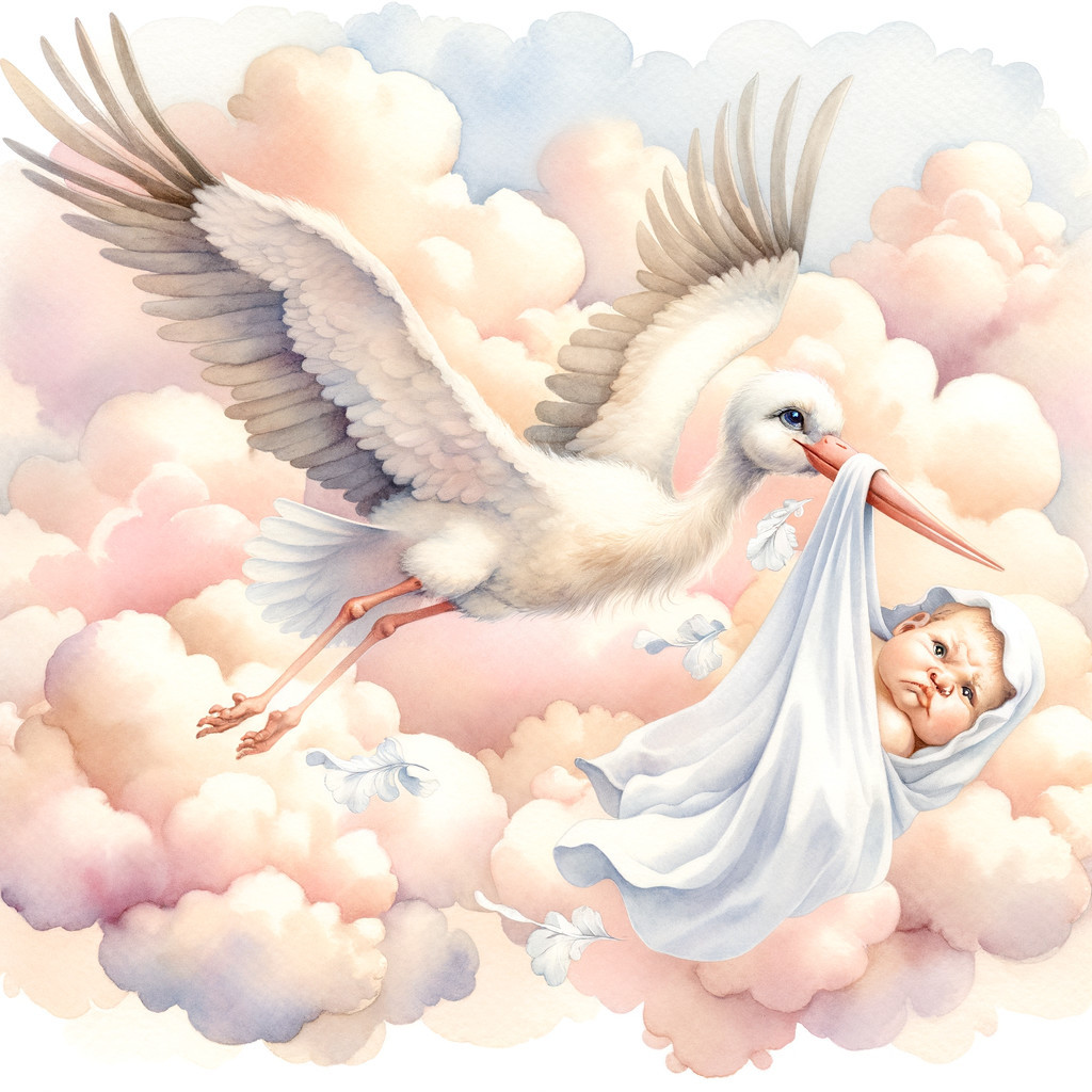 Stork Carrying Baby Through Pastel Clouds