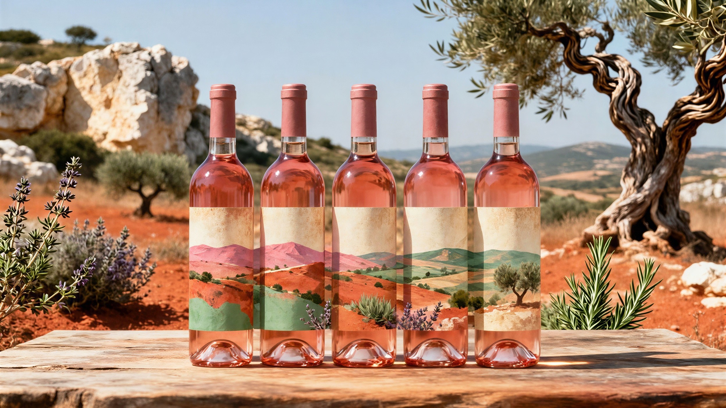 Custom Labeled Rosé Wine Bottles in Scenic Landscape
