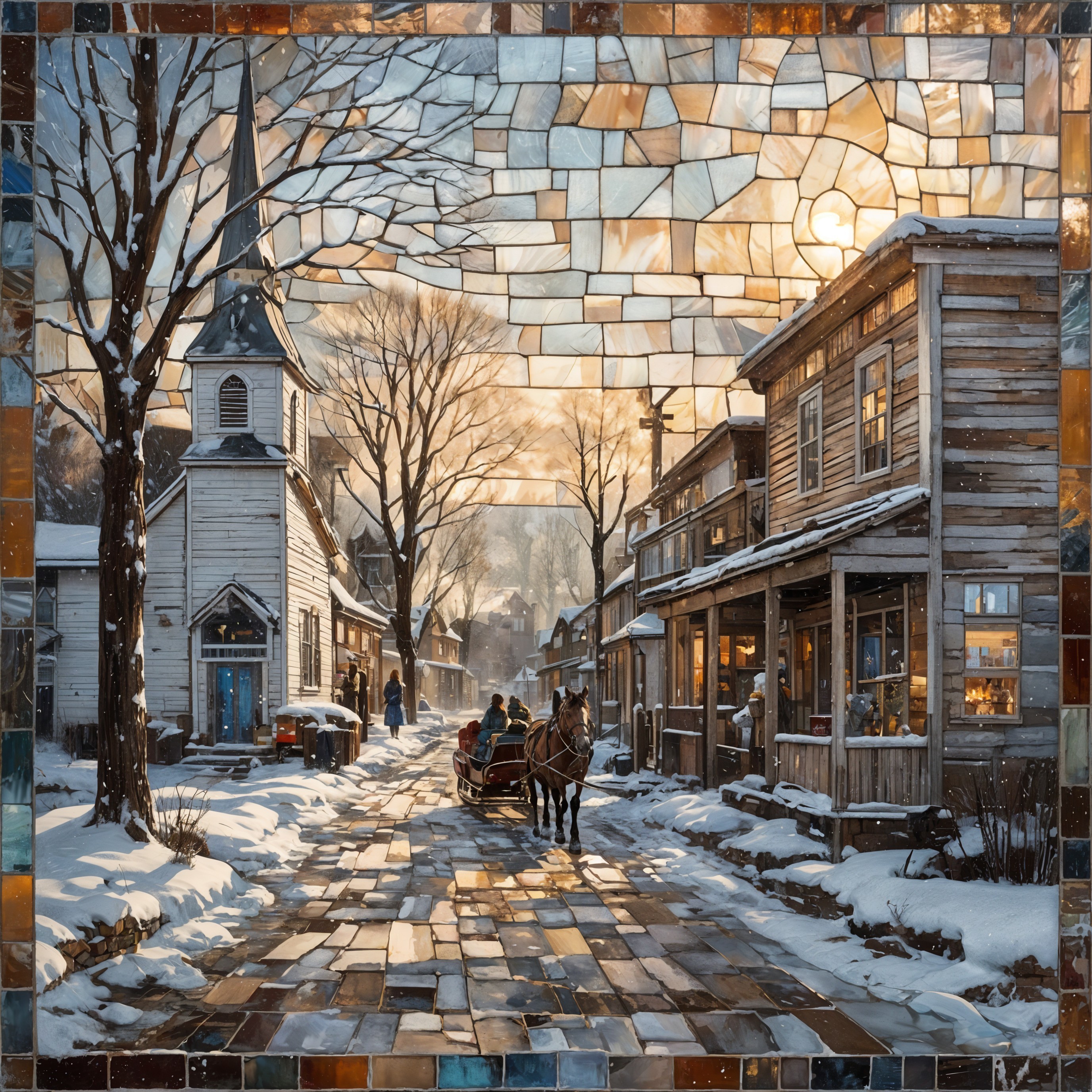 Mosaic Winter Scene of a Quaint Village with Carriage