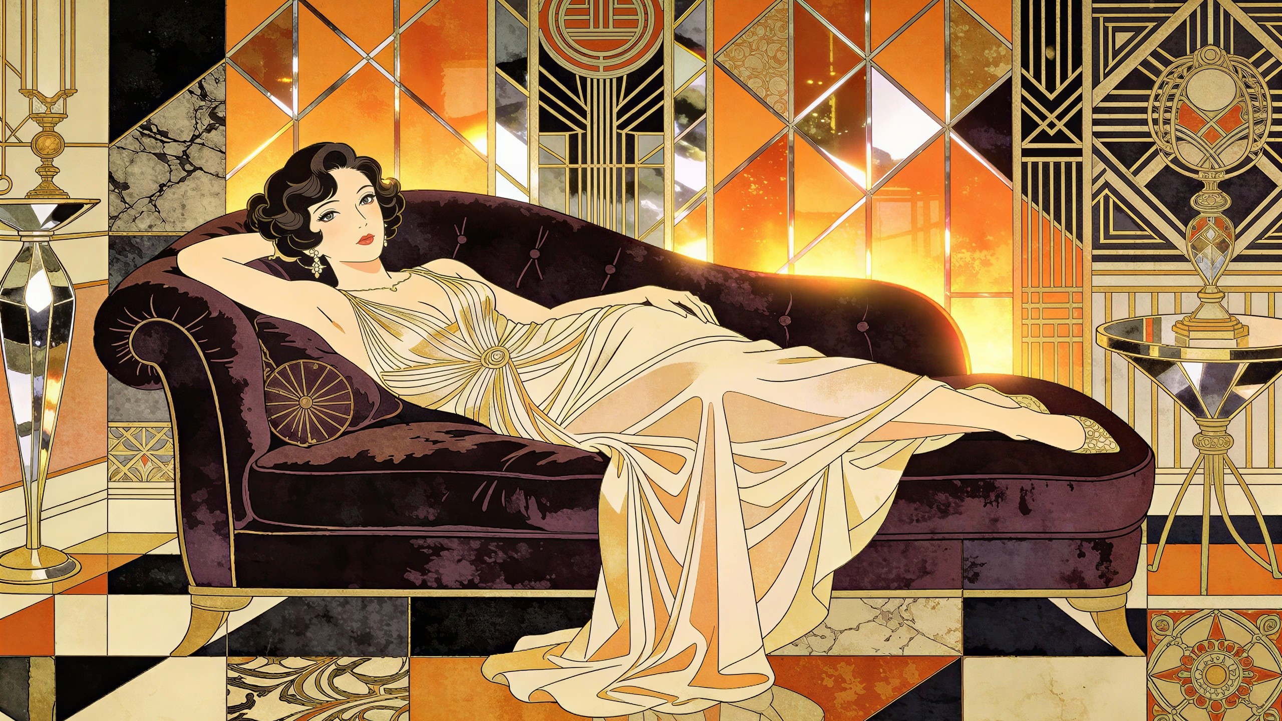 1920s Art Deco Painting of Elegant Woman on Chaise Lounge