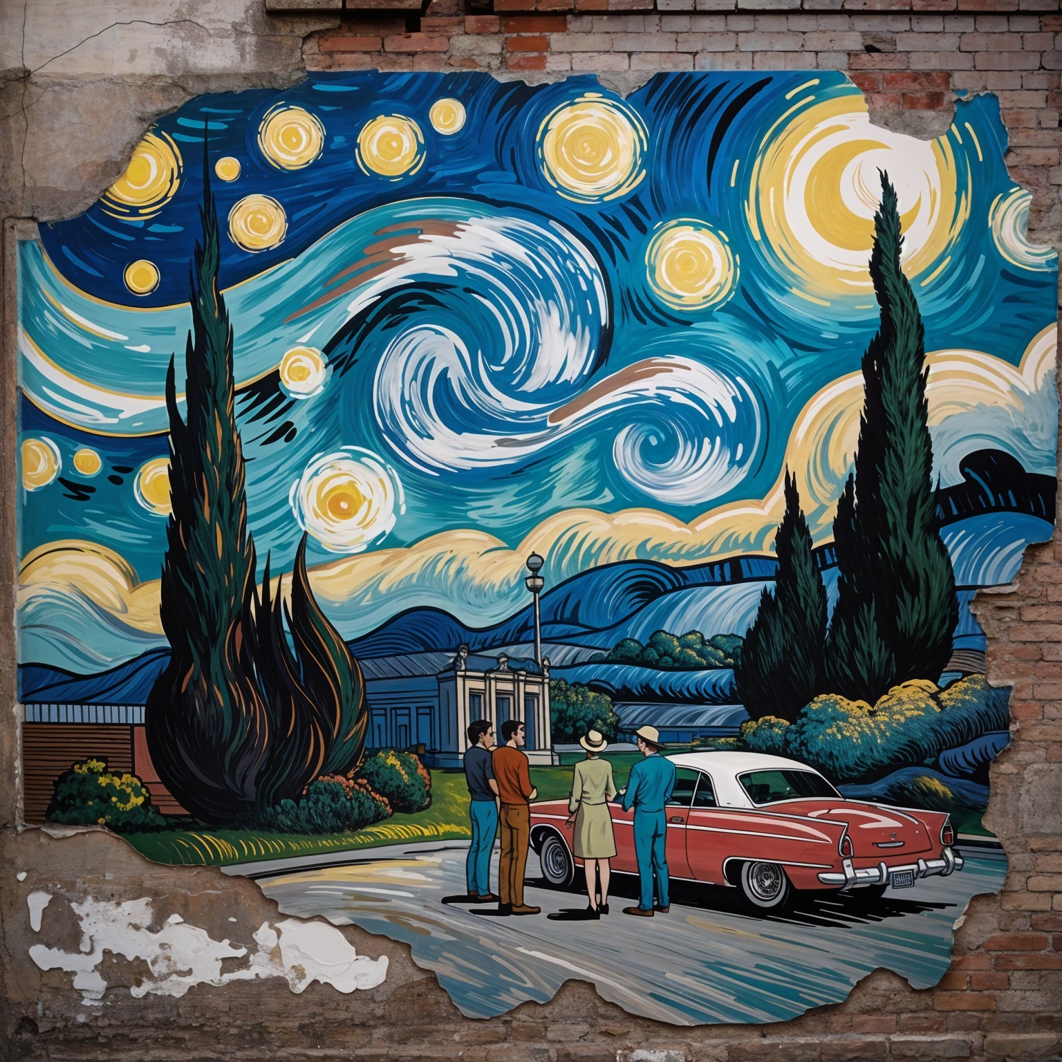 Vibrant Mural of Starry Night with Figures and Car