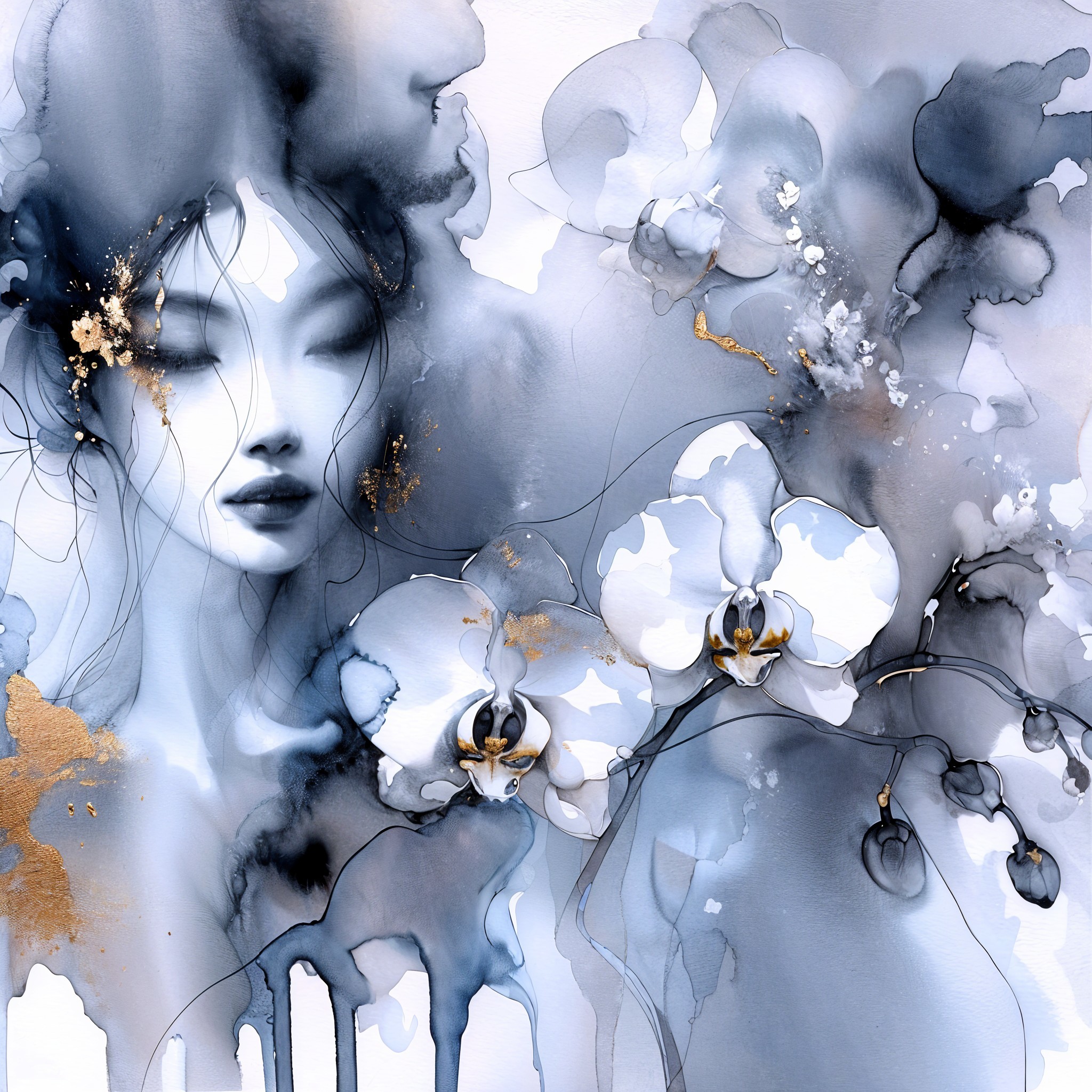 Abstract Female Figure with Blue Waves and Orchids