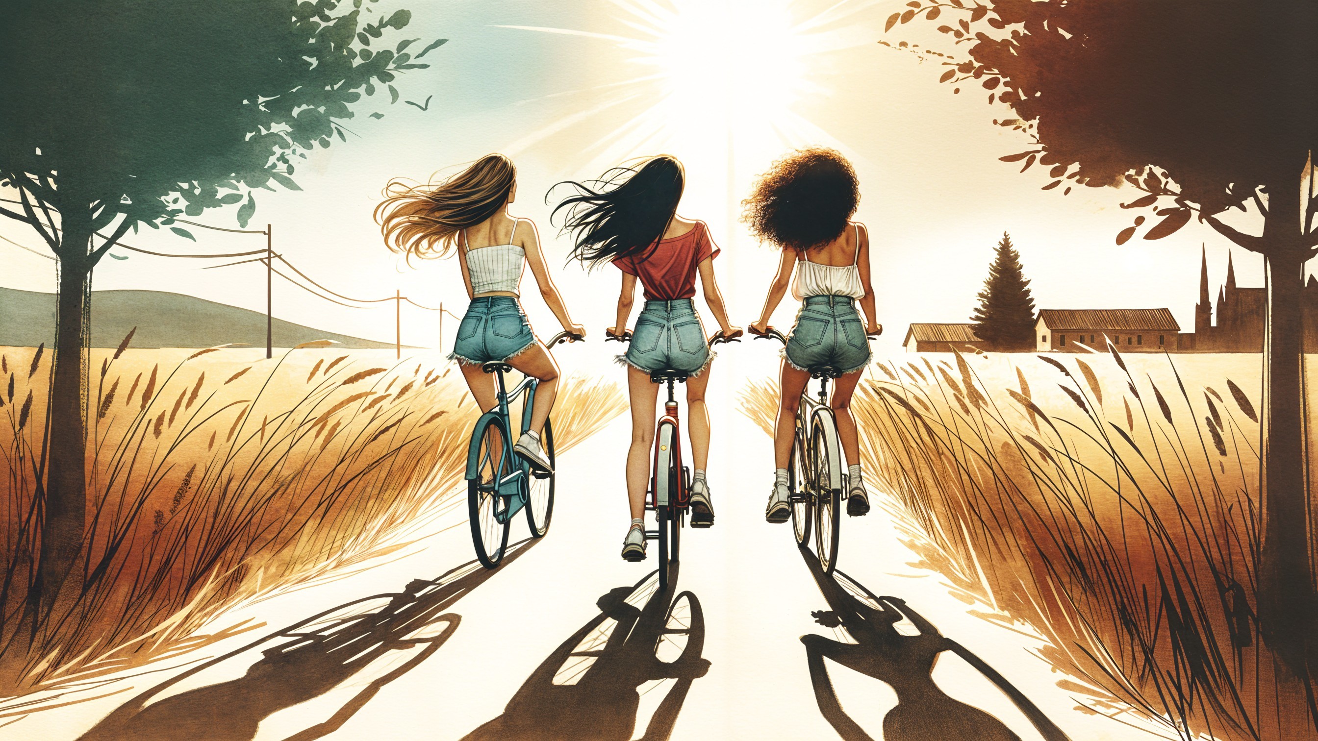 Young women cycling on a sunny countryside path