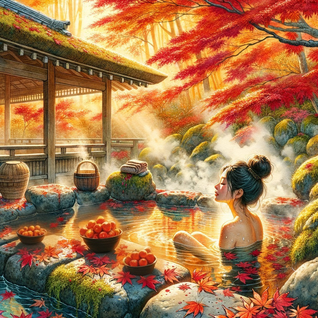 Tranquil Outdoor Hot Spring Surrounded by Autumn Foliage
