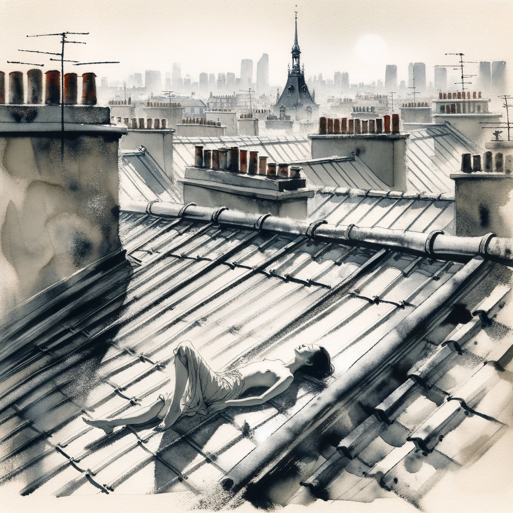 Rooftop Scene with Figure and Cityscape View