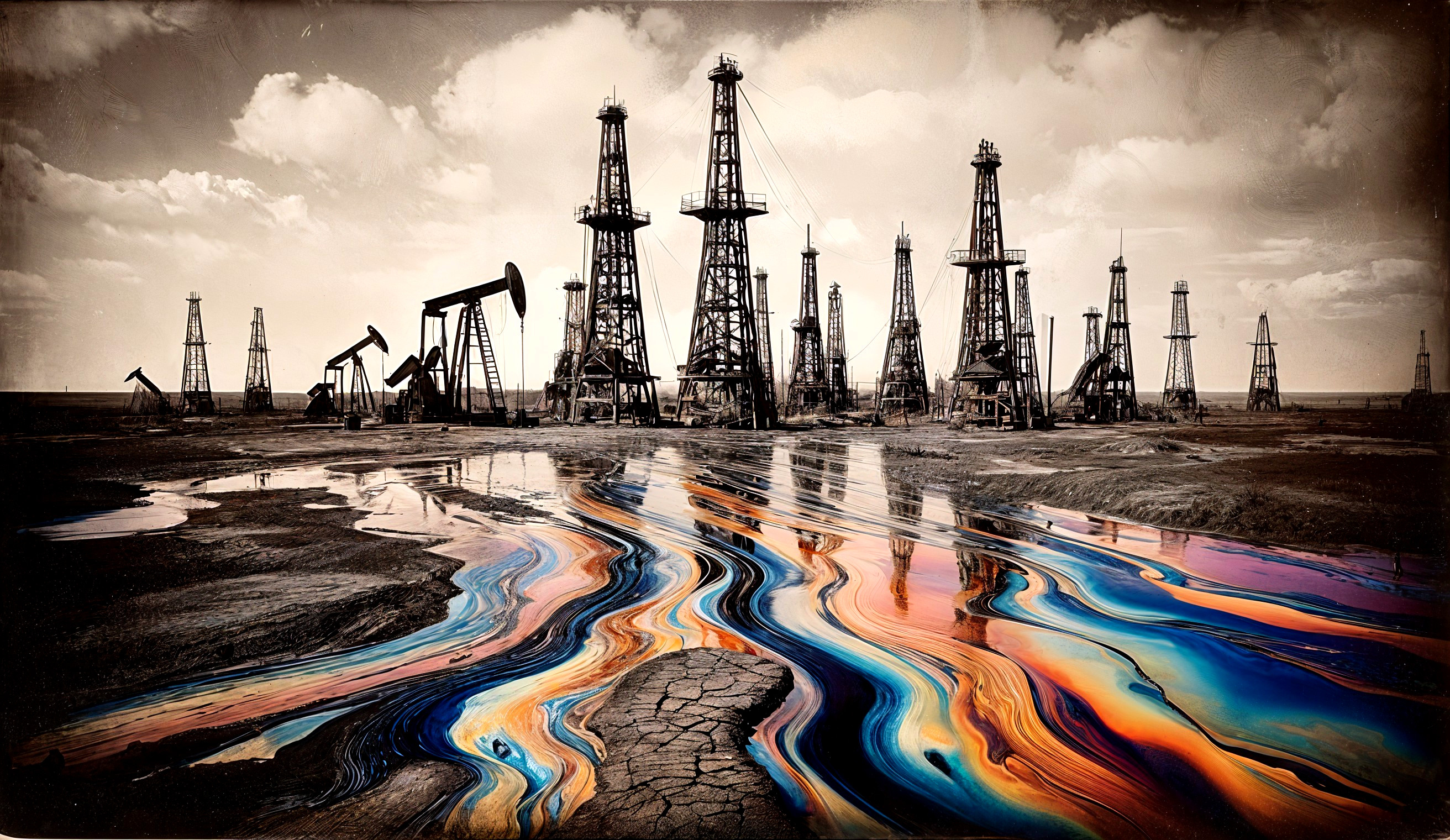Desolate Oil Field with Colorful Oil Sheen Reflection
