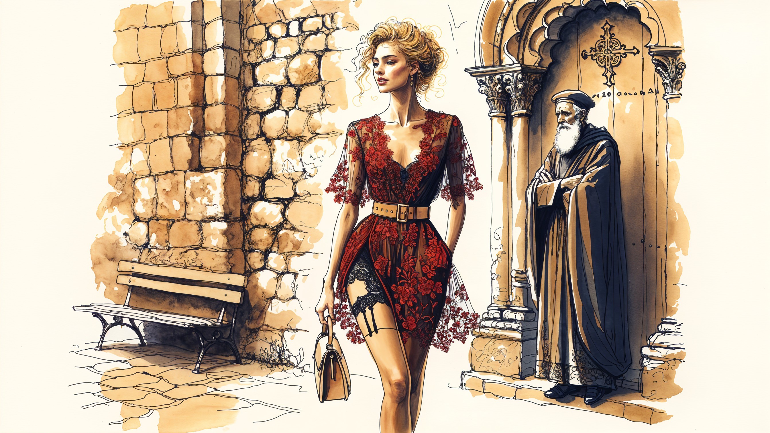 Glamorous Woman in Lace Dress with Historical Backdrop