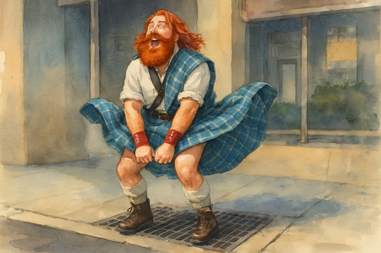 Cheerful man with red beard in urban wind scene