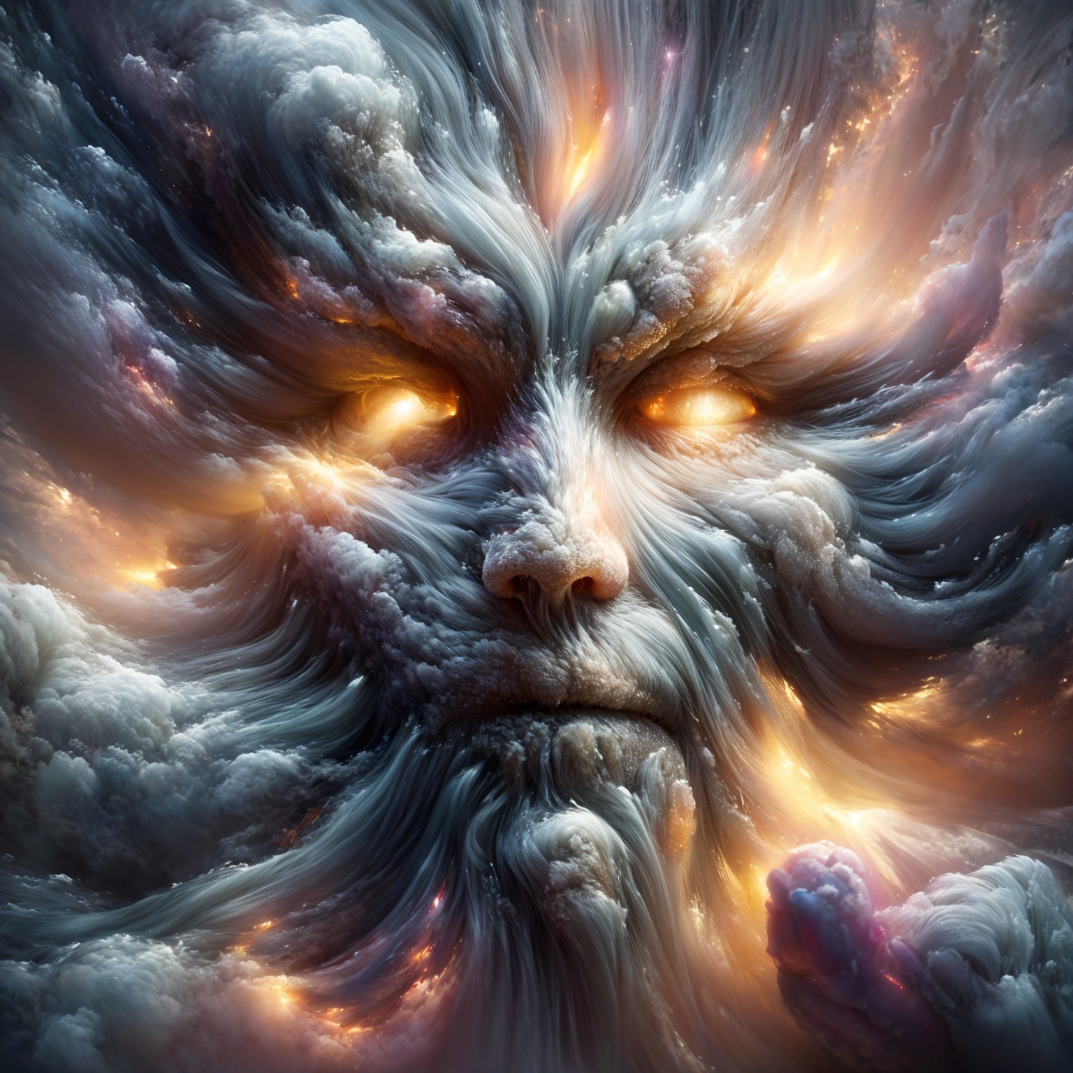 Ethereal Face in Swirling Clouds with Luminous Eyes