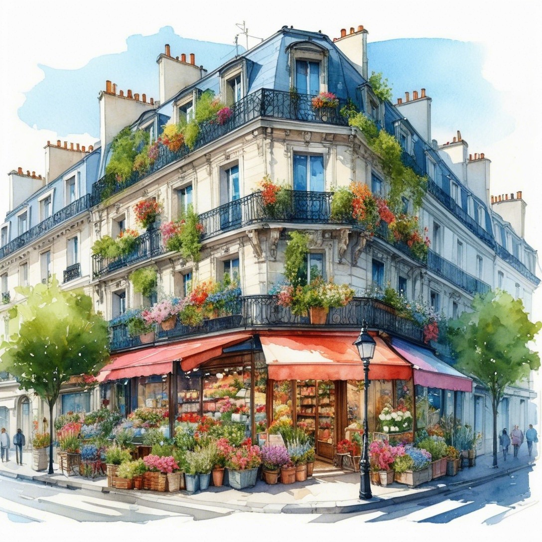 Charming Paris Bakery with Classic Architecture and Flowers