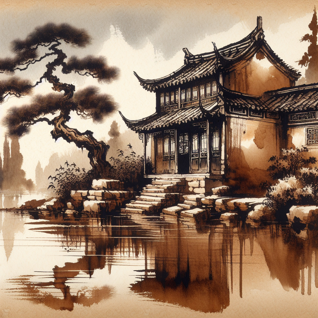 Traditional Chinese House by a Tranquil Lake