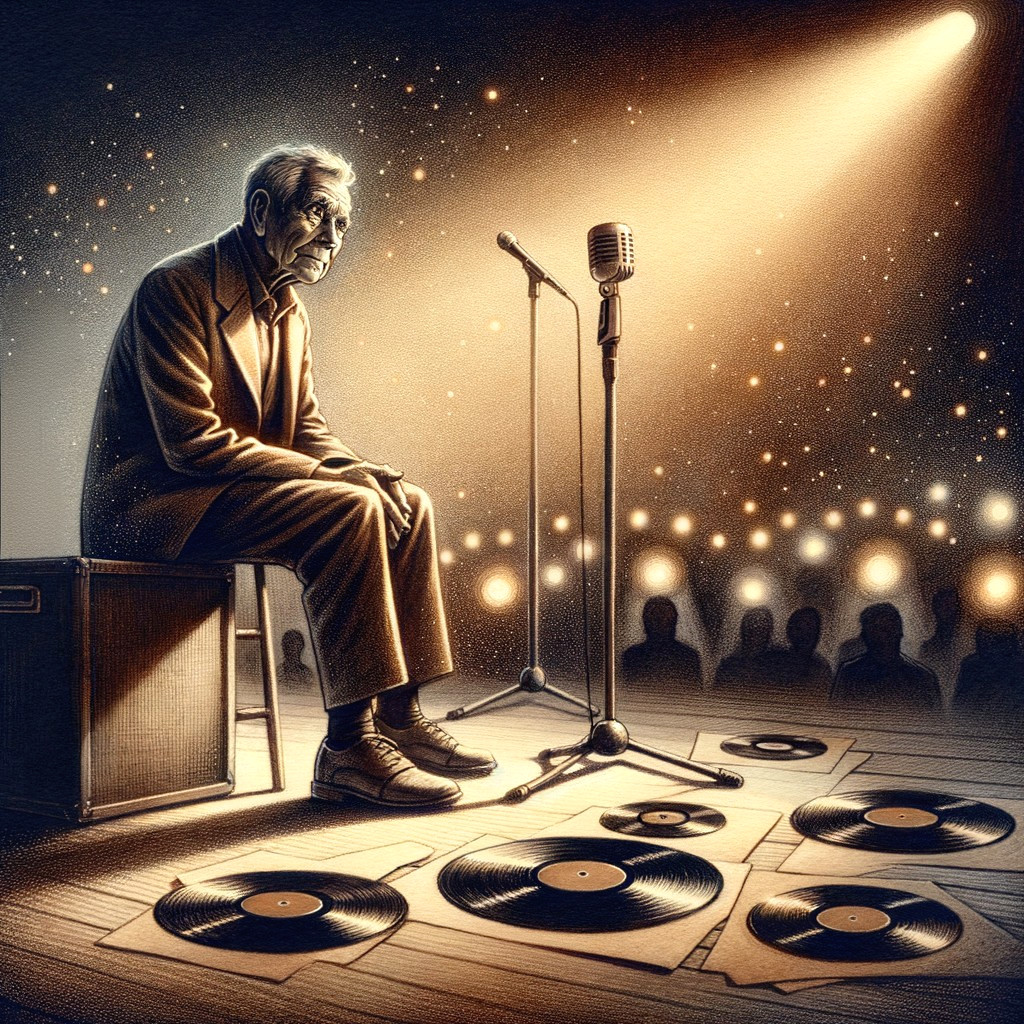 Elderly Man on Stage with Vintage Microphone and Records