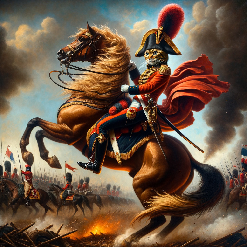 Cat in General's Uniform Rides Horse in Battle Scene