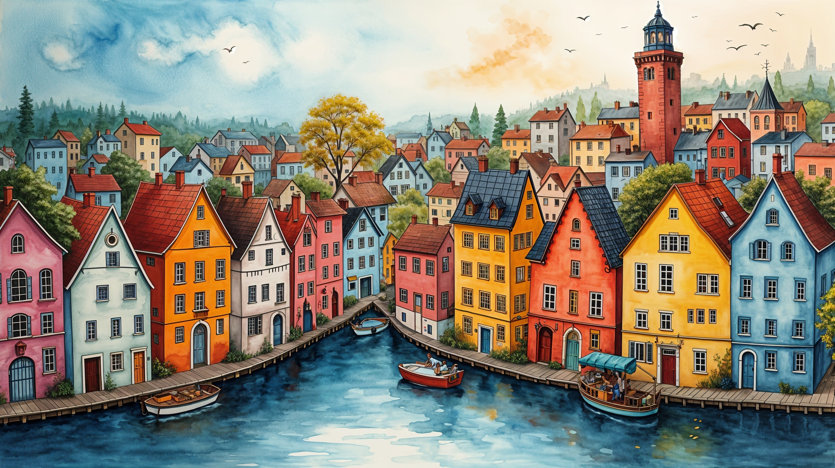 Colorful Canal Scene with Charming Pastel Buildings