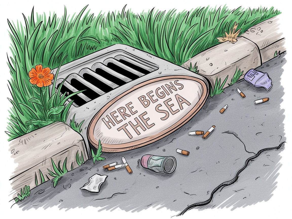Cartoon Scene of Storm Drain and Environmental Pollution