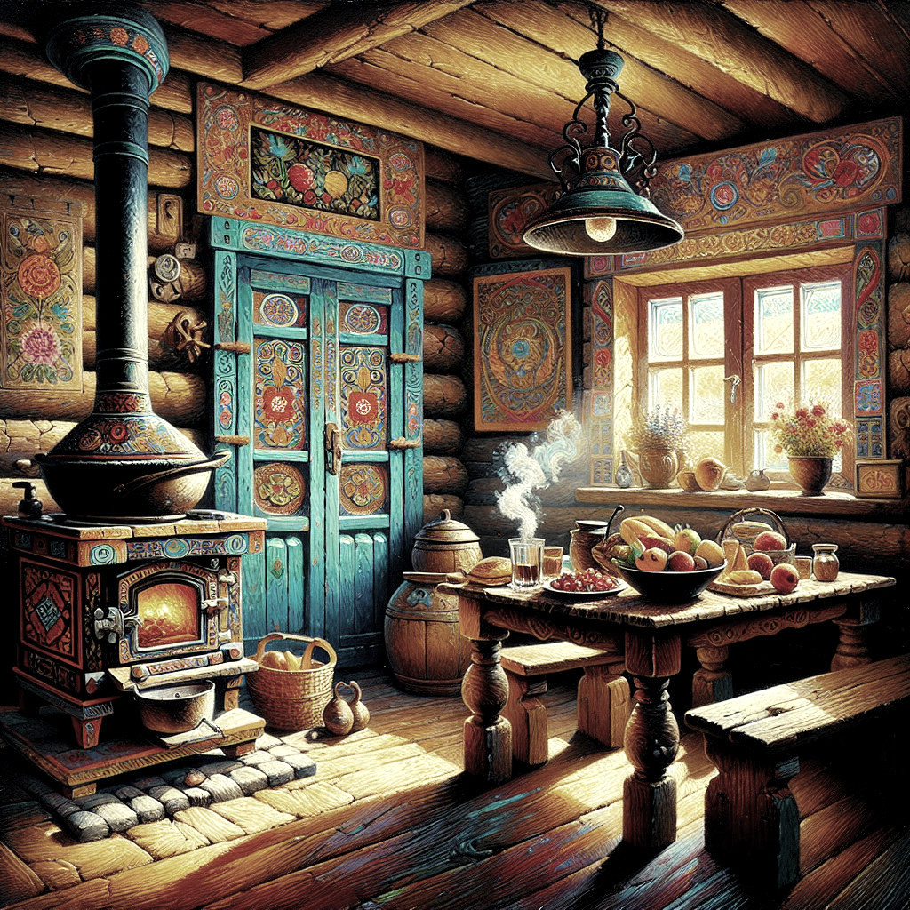 Cozy Rustic Kitchen with Wood Stove and Floral Decor