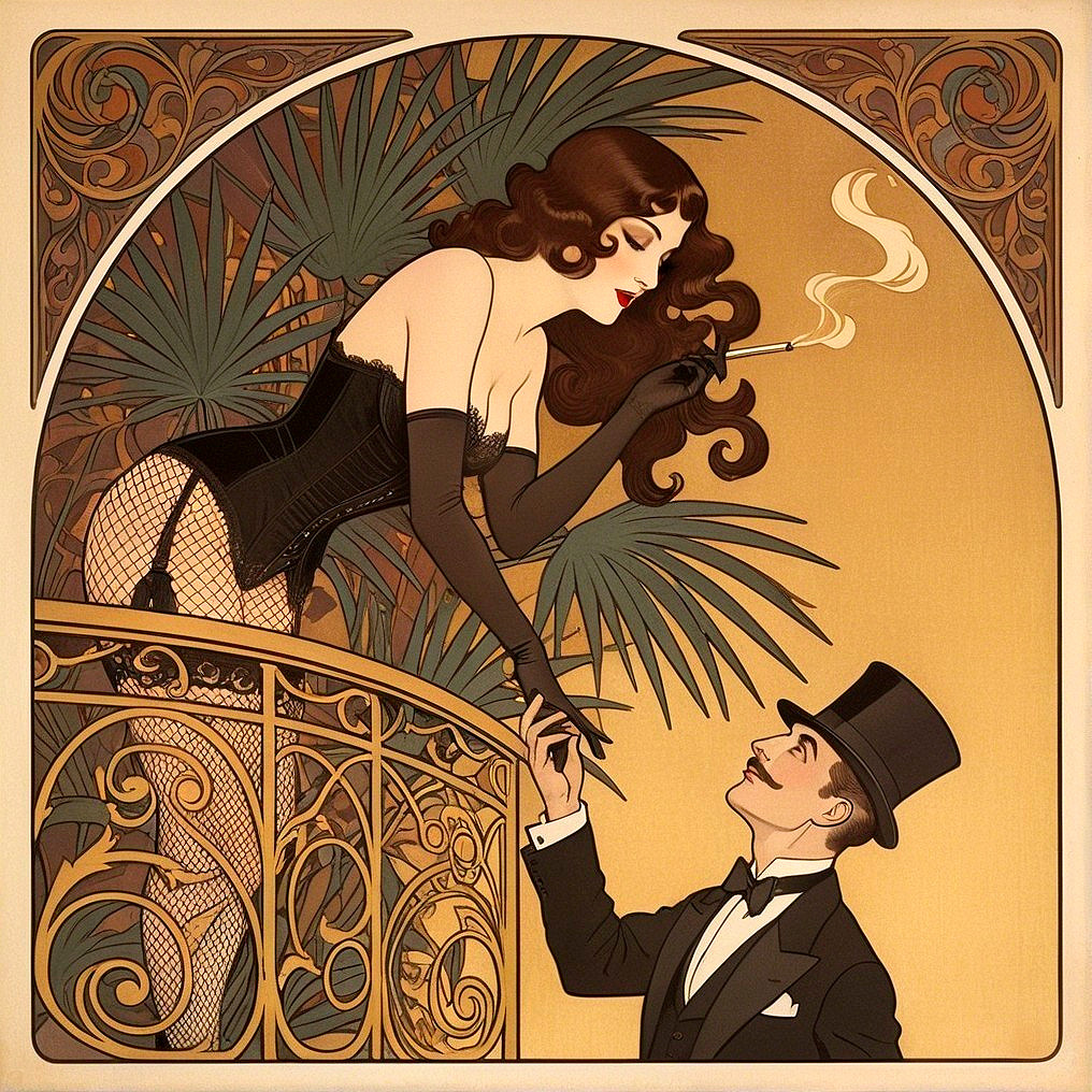 Vintage Glamour: Woman in Corset on Balcony Scene