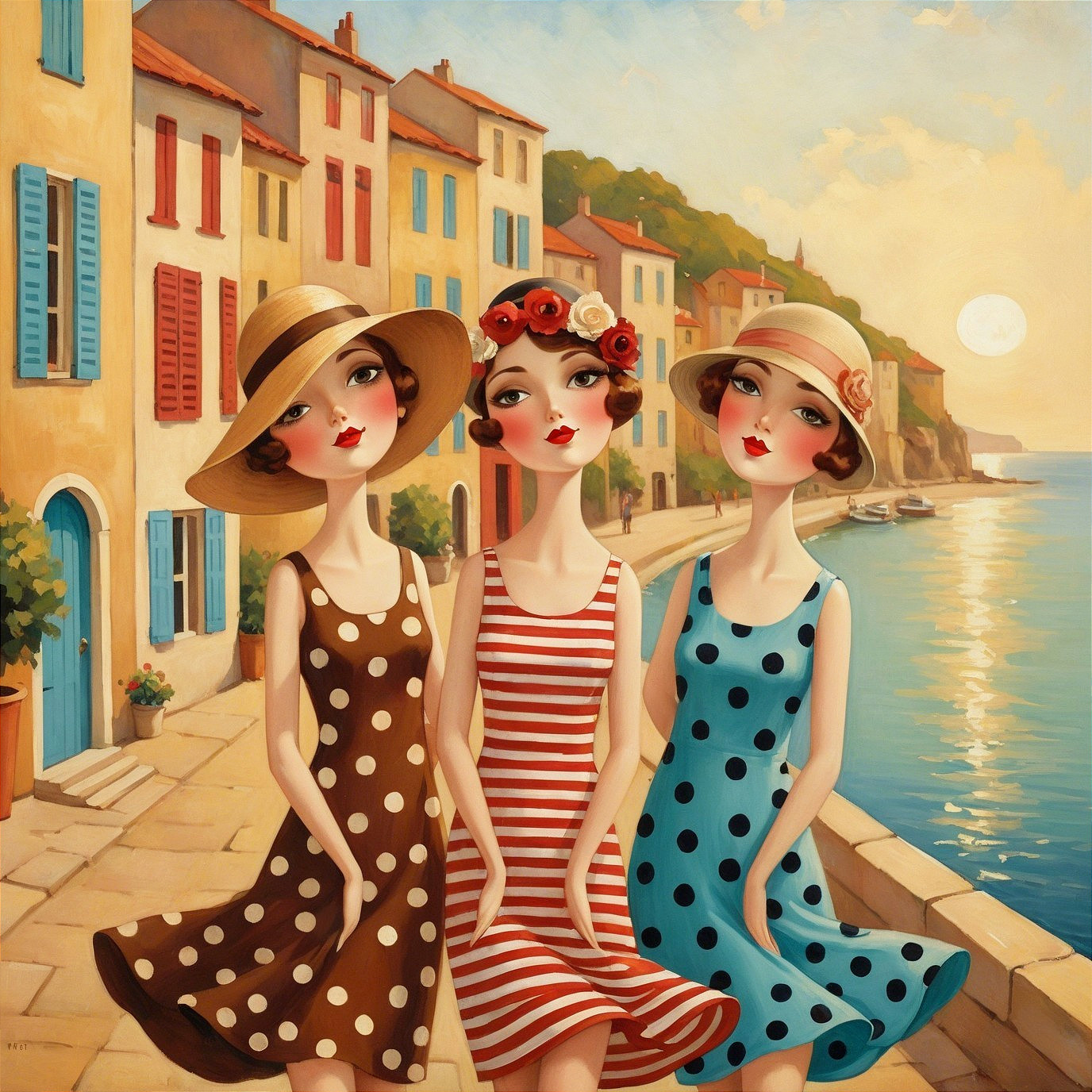 Elegant women in stylish summer dresses by the coast