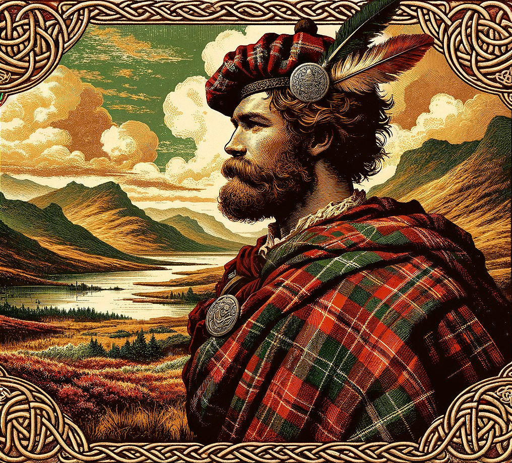 Rugged Man in Tartan Kilt Overlooking Scenic Landscape