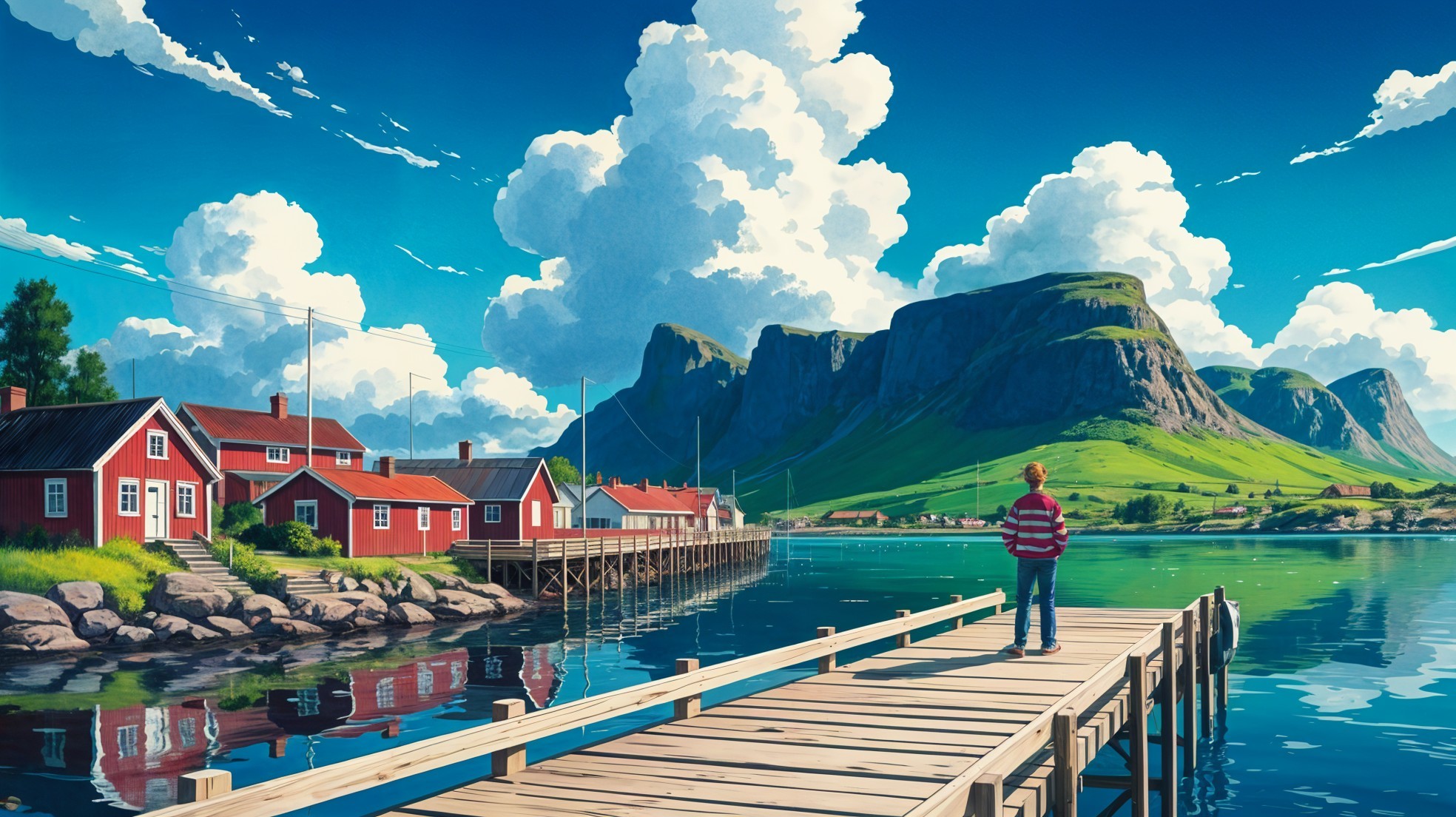 Coastal Scene with Pier, Mountains, and Red Houses