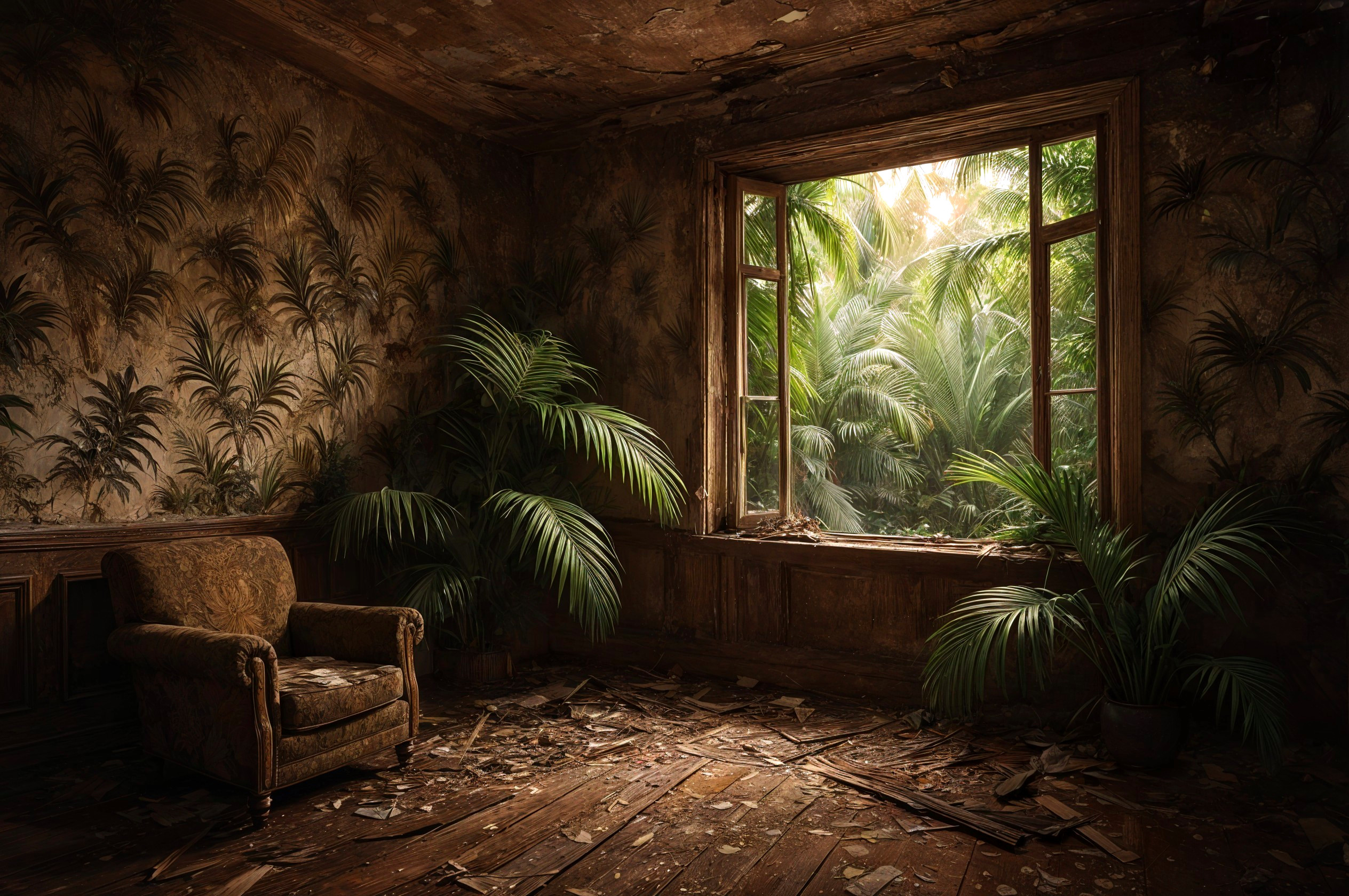 Dilapidated Room with Ornate Armchair and Dust