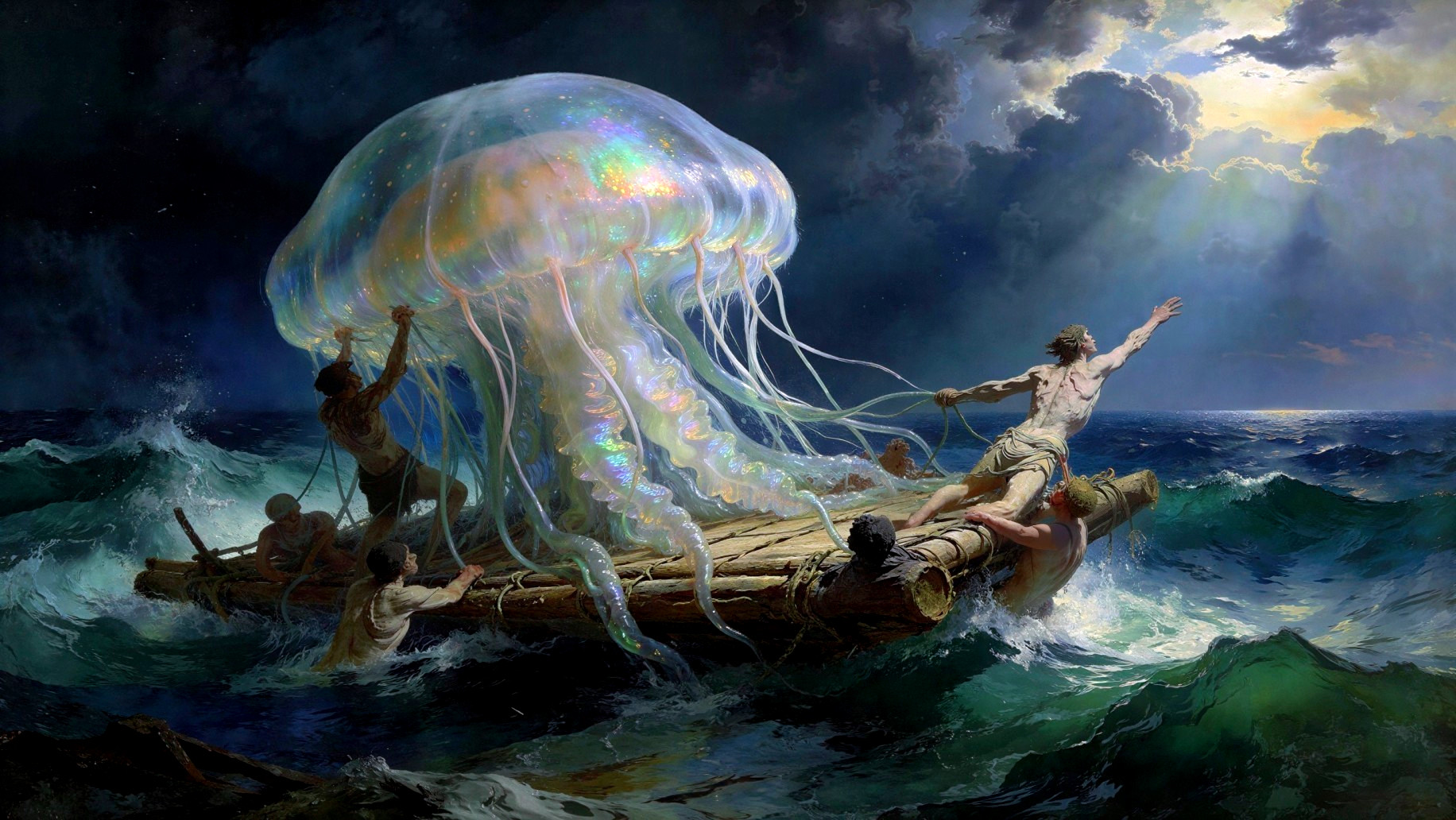 Jellyfish Over Raft in Turbulent Sea Scene