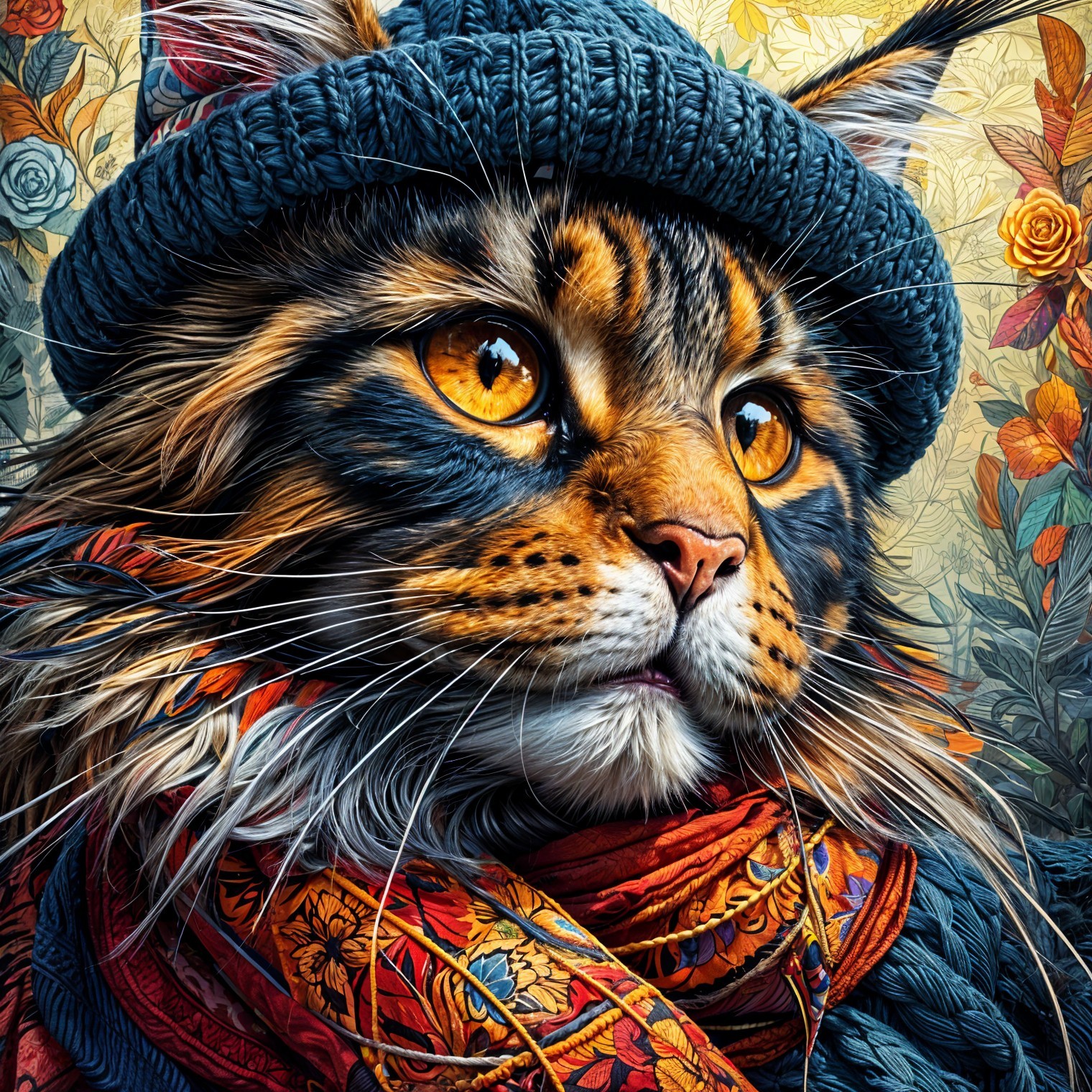 Maine Coon Cat in Blue Hat and Colorful Scarf