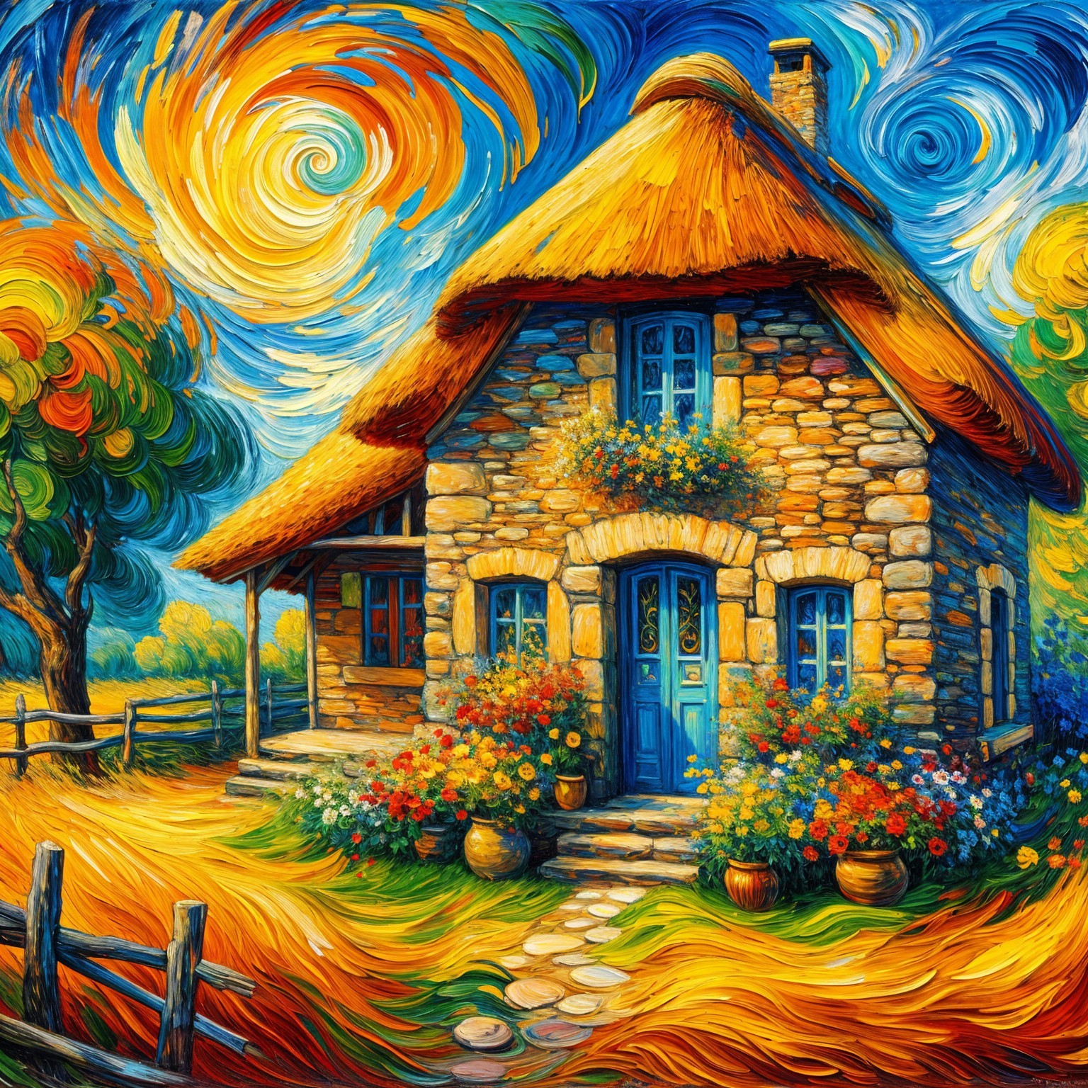 Charming Stone Cottage Surrounded by Colorful Flowers