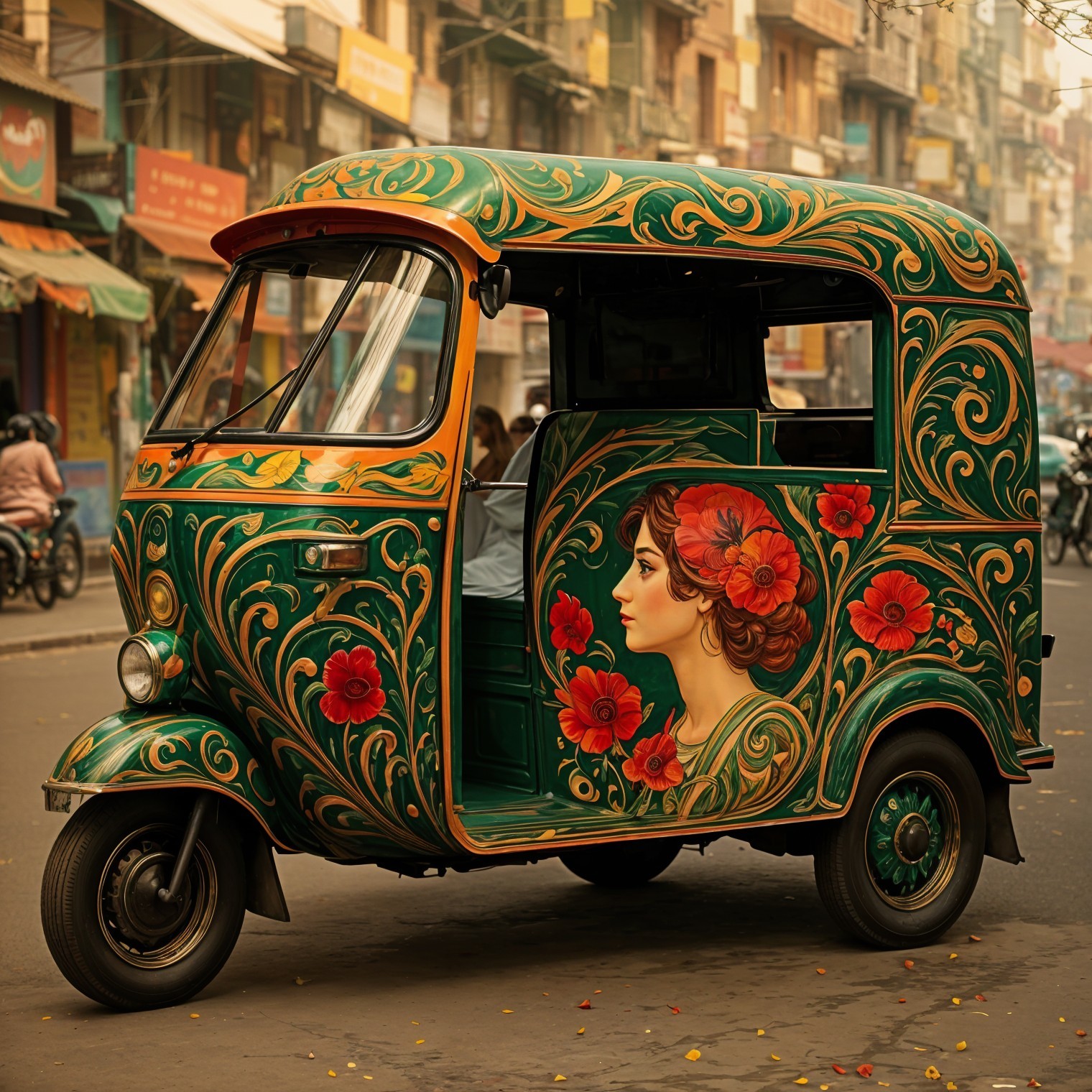 Vibrant Auto Rickshaw with Floral Artwork in Urban Scene