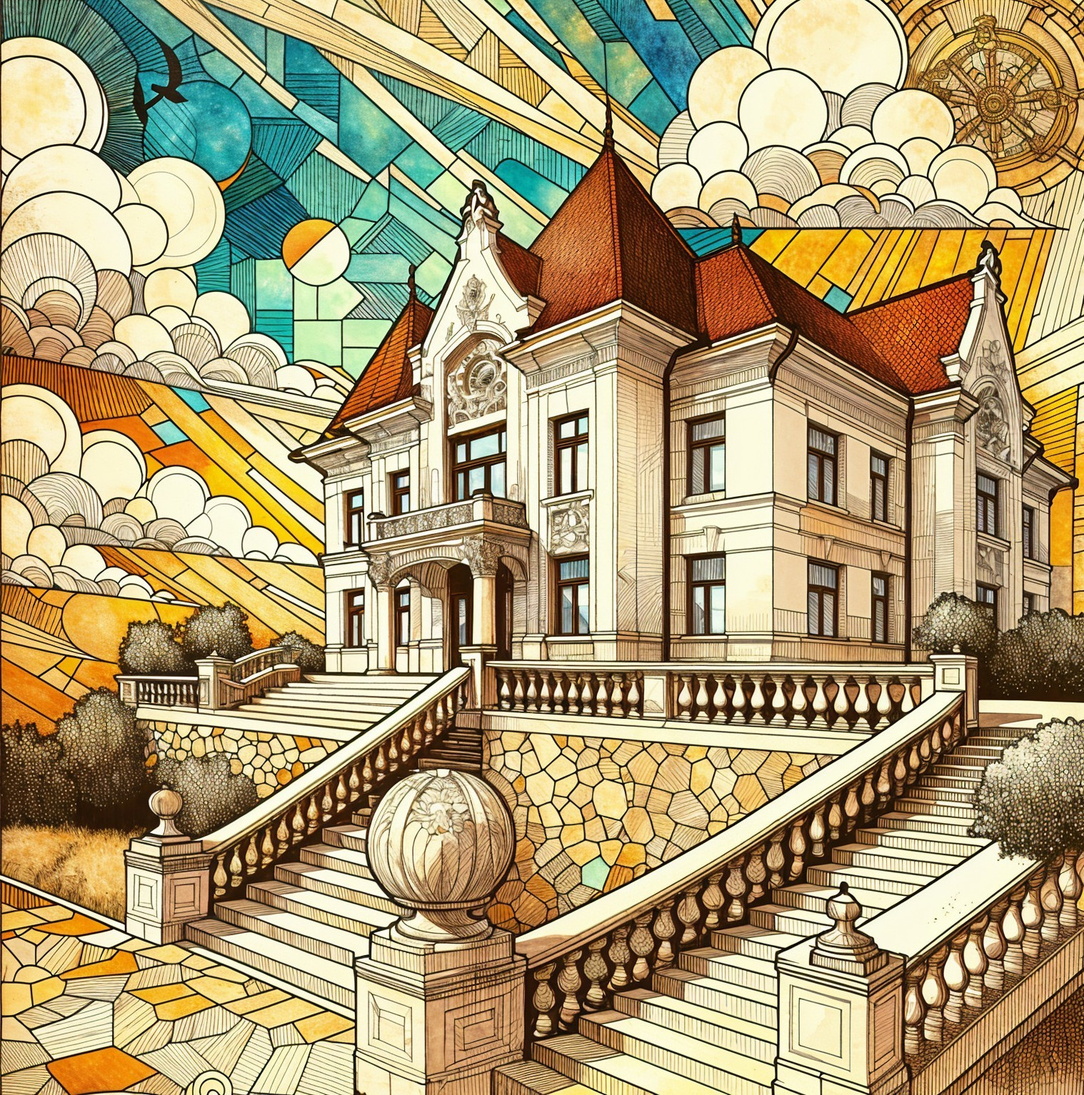 Intricately Designed Mansion with Vibrant Background