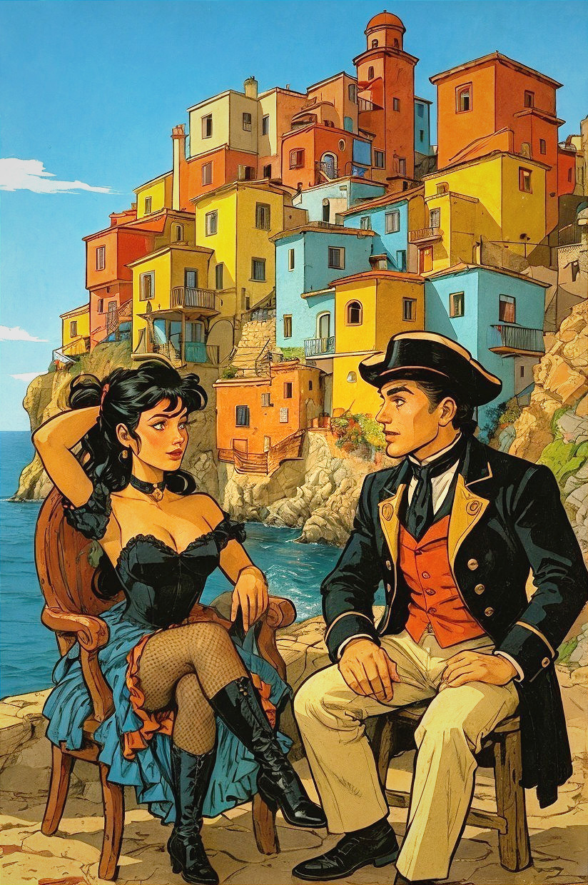 Seaside Scene with Elegant Young Woman and Dapper Man