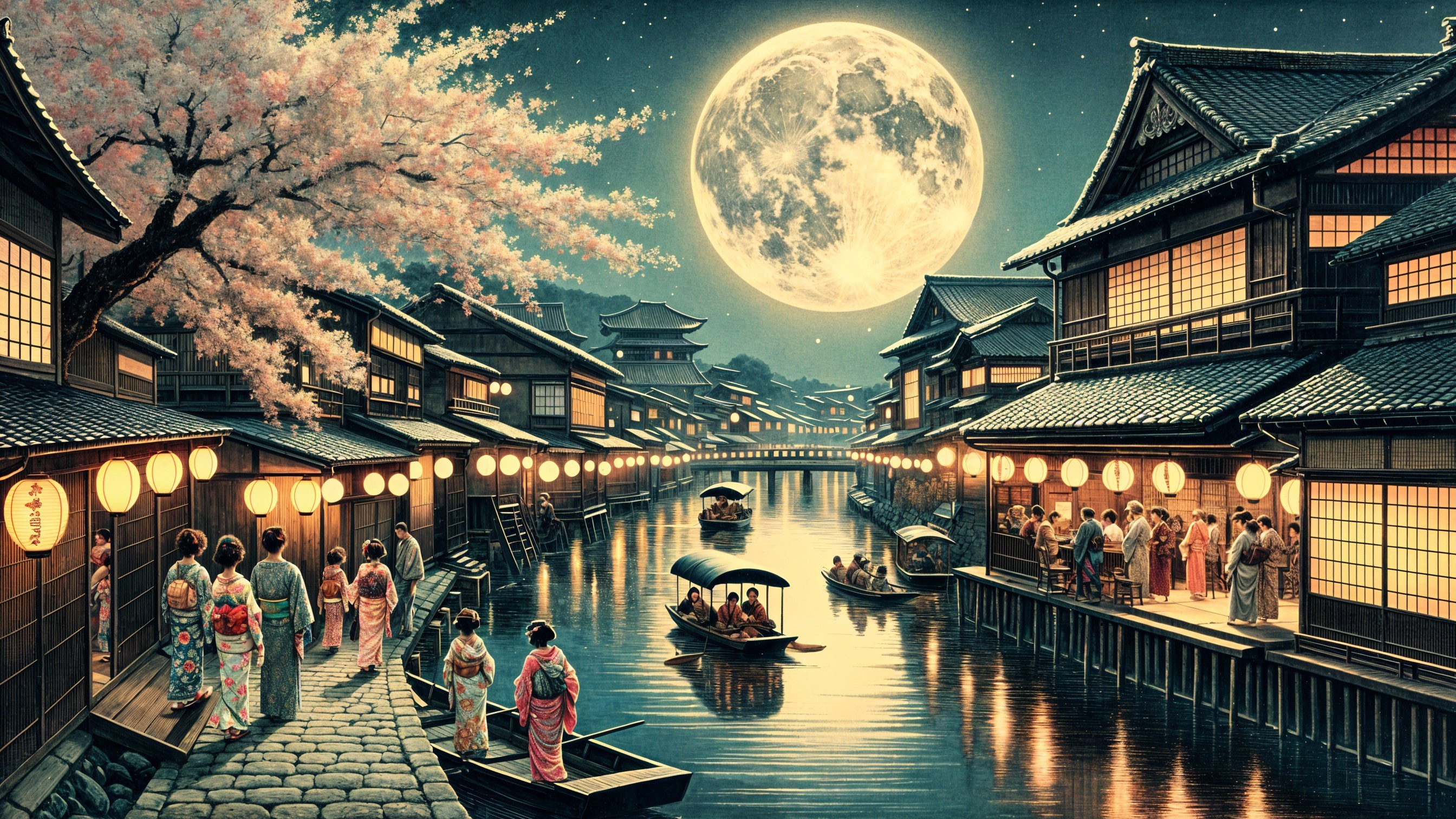 Traditional Japanese Night Scene with Cherry Blossoms