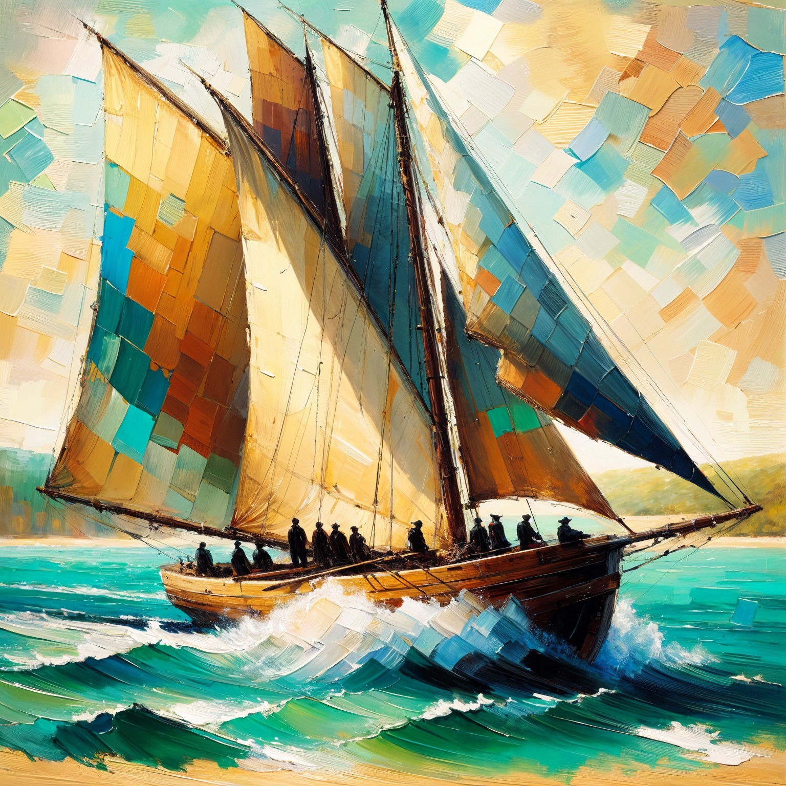 Vibrant Painting of a Sailing Ship in Turquoise Waters