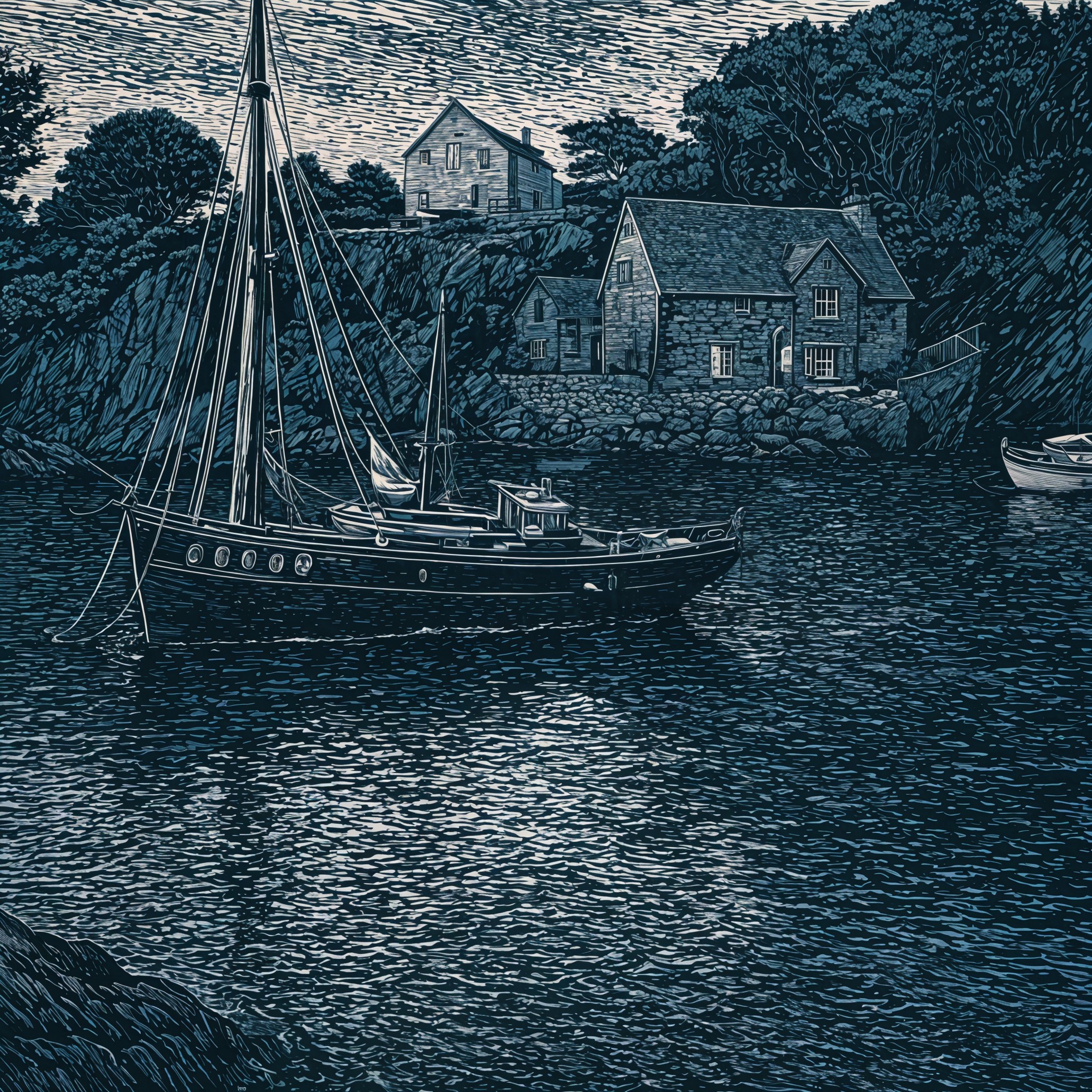 Serene Coastal Scene with Sailboat at Dusk