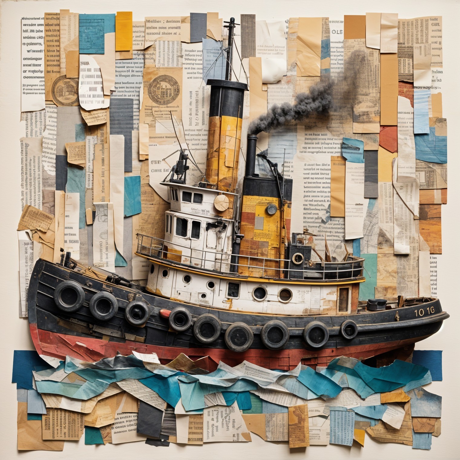 Layered Paper Tugboat Artwork with Vibrant Colors